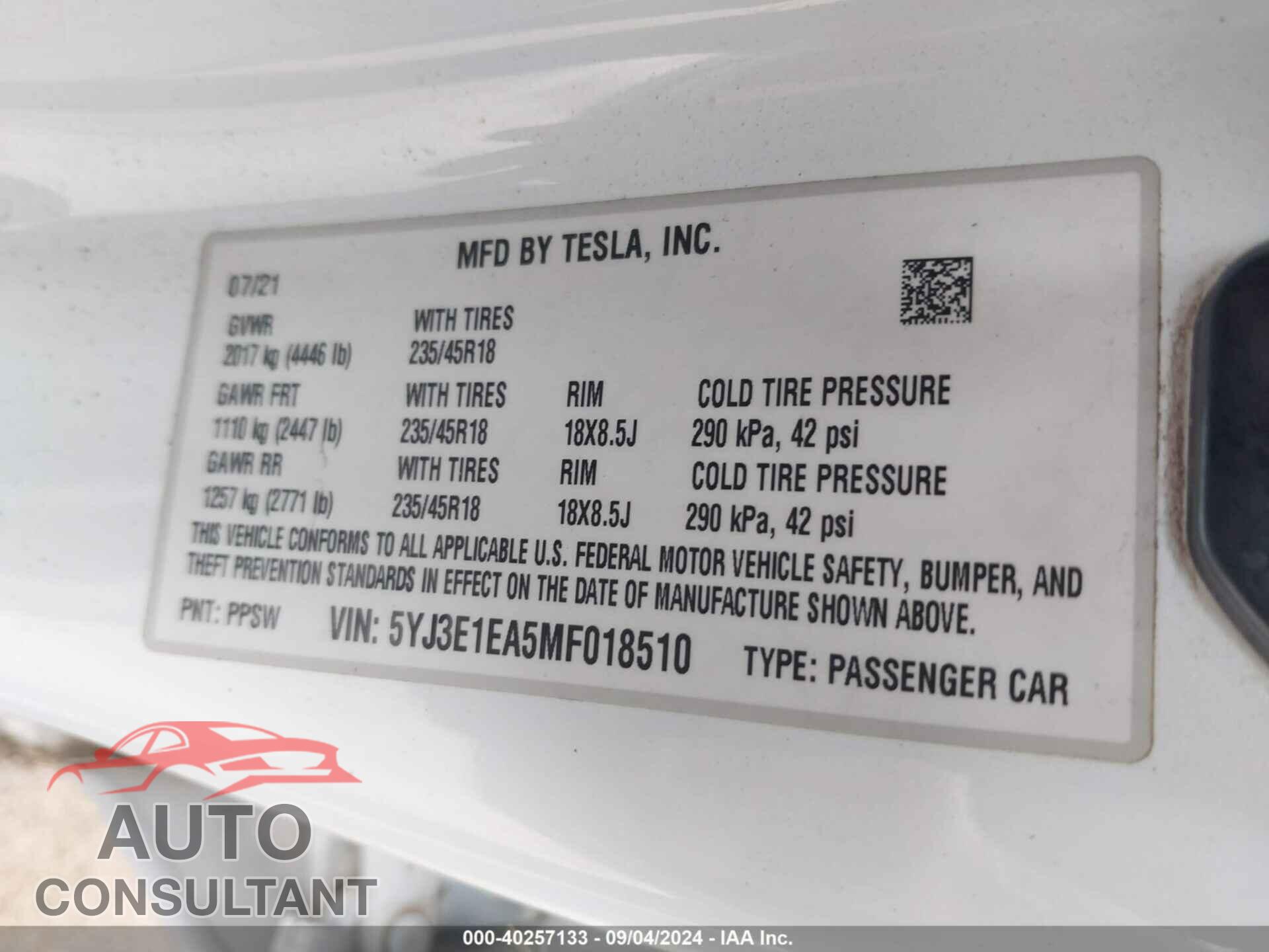 TESLA MODEL 3 2021 - 5YJ3E1EA5MF018510