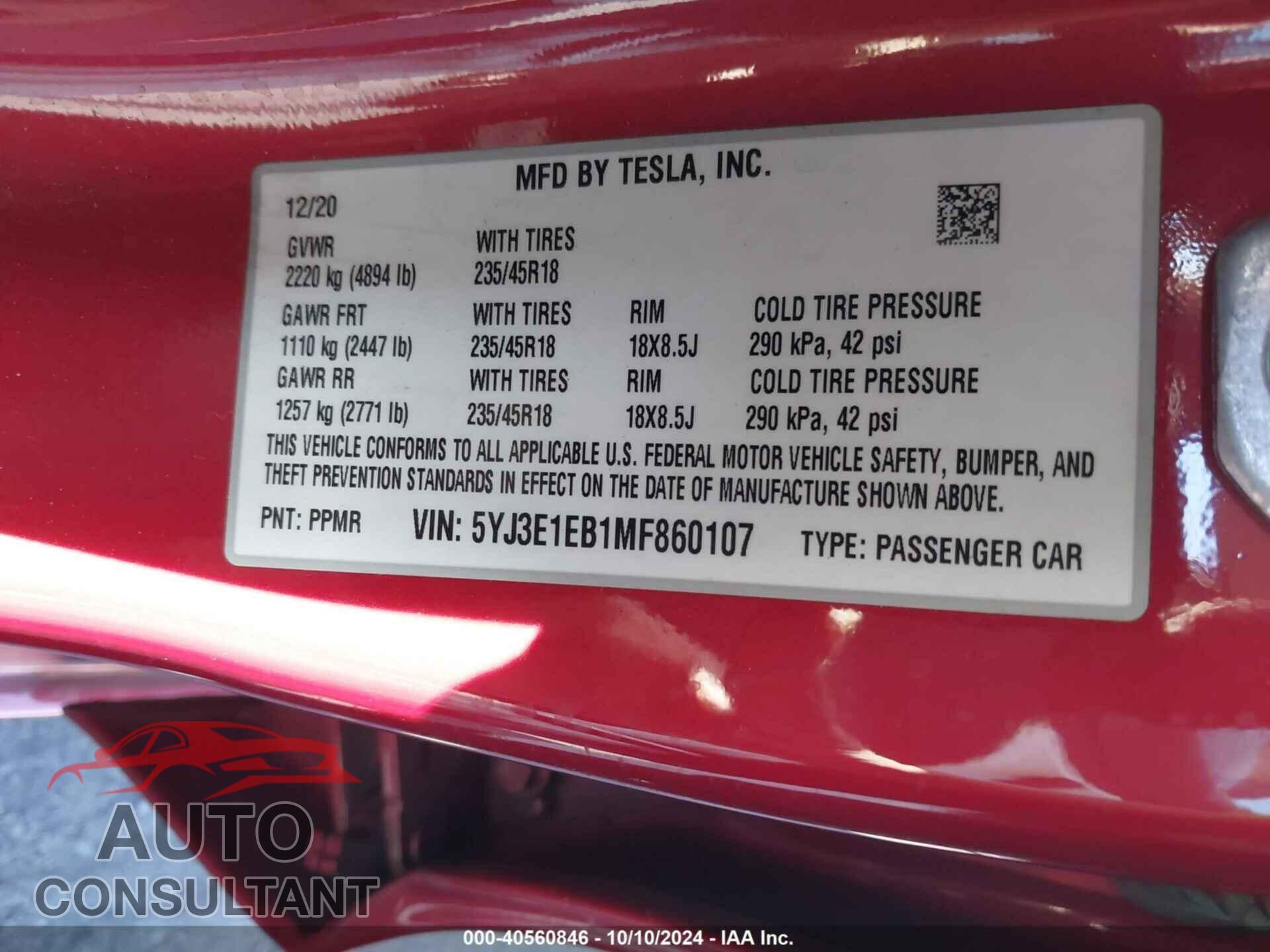 TESLA MODEL 3 2021 - 5YJ3E1EB1MF860107
