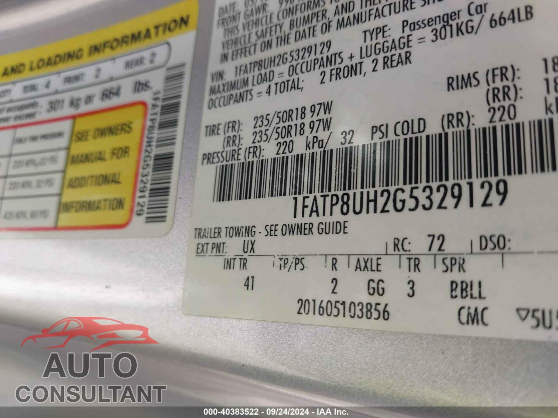 FORD MUSTANG 2016 - 1FATP8UH2G5329129