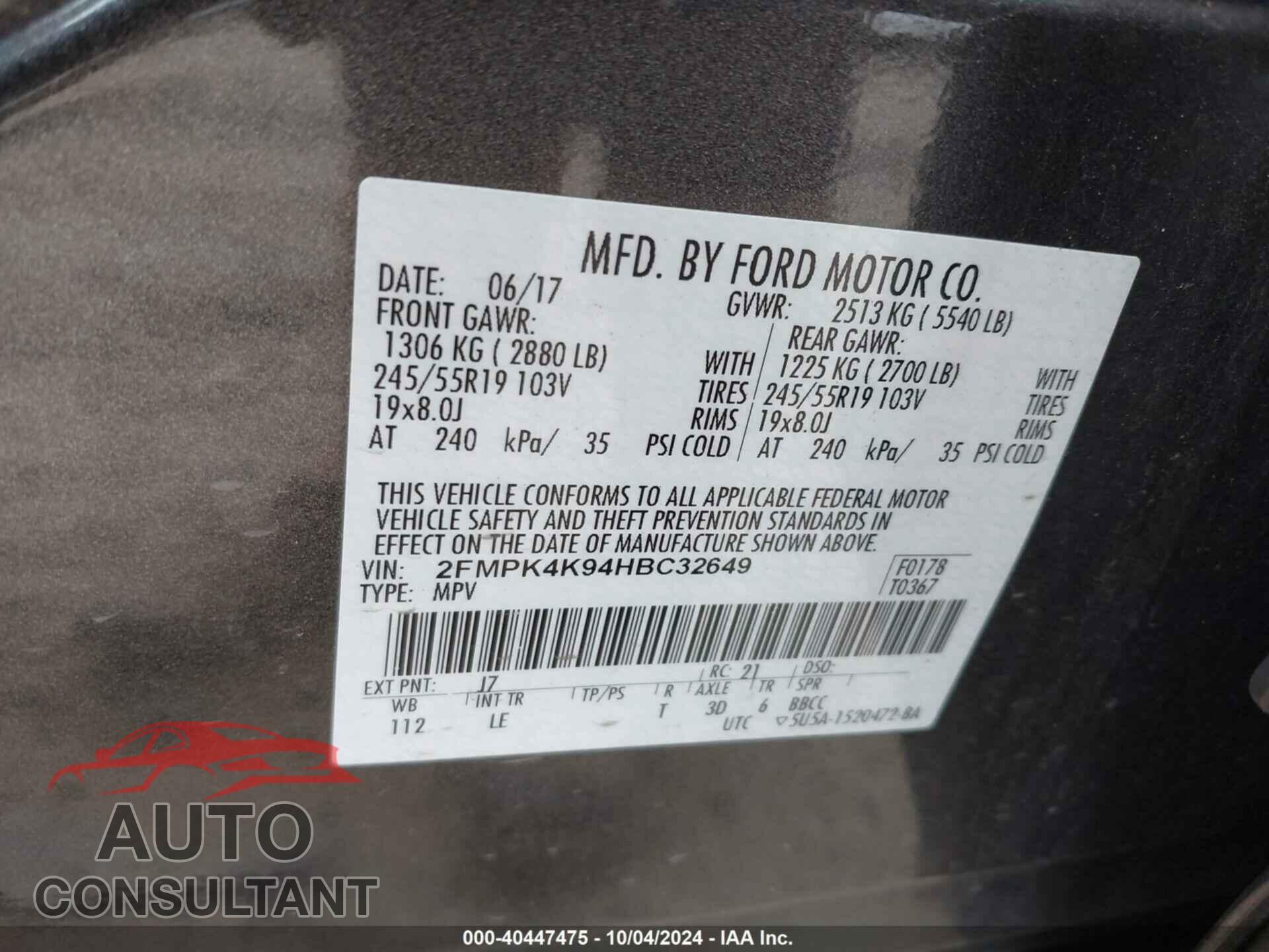 FORD EDGE 2017 - 2FMPK4K94HBC32649