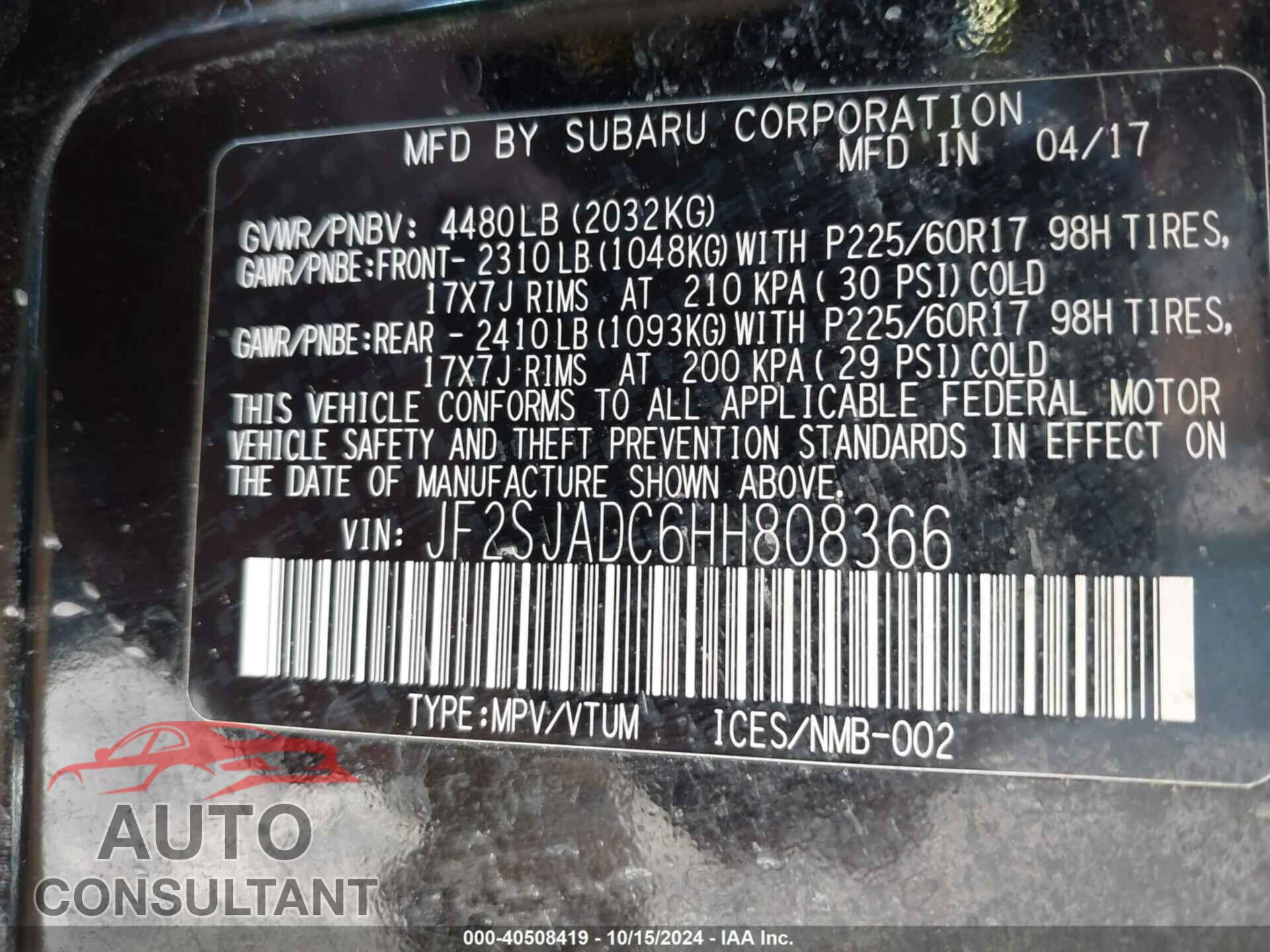 SUBARU FORESTER 2017 - JF2SJADC6HH808366