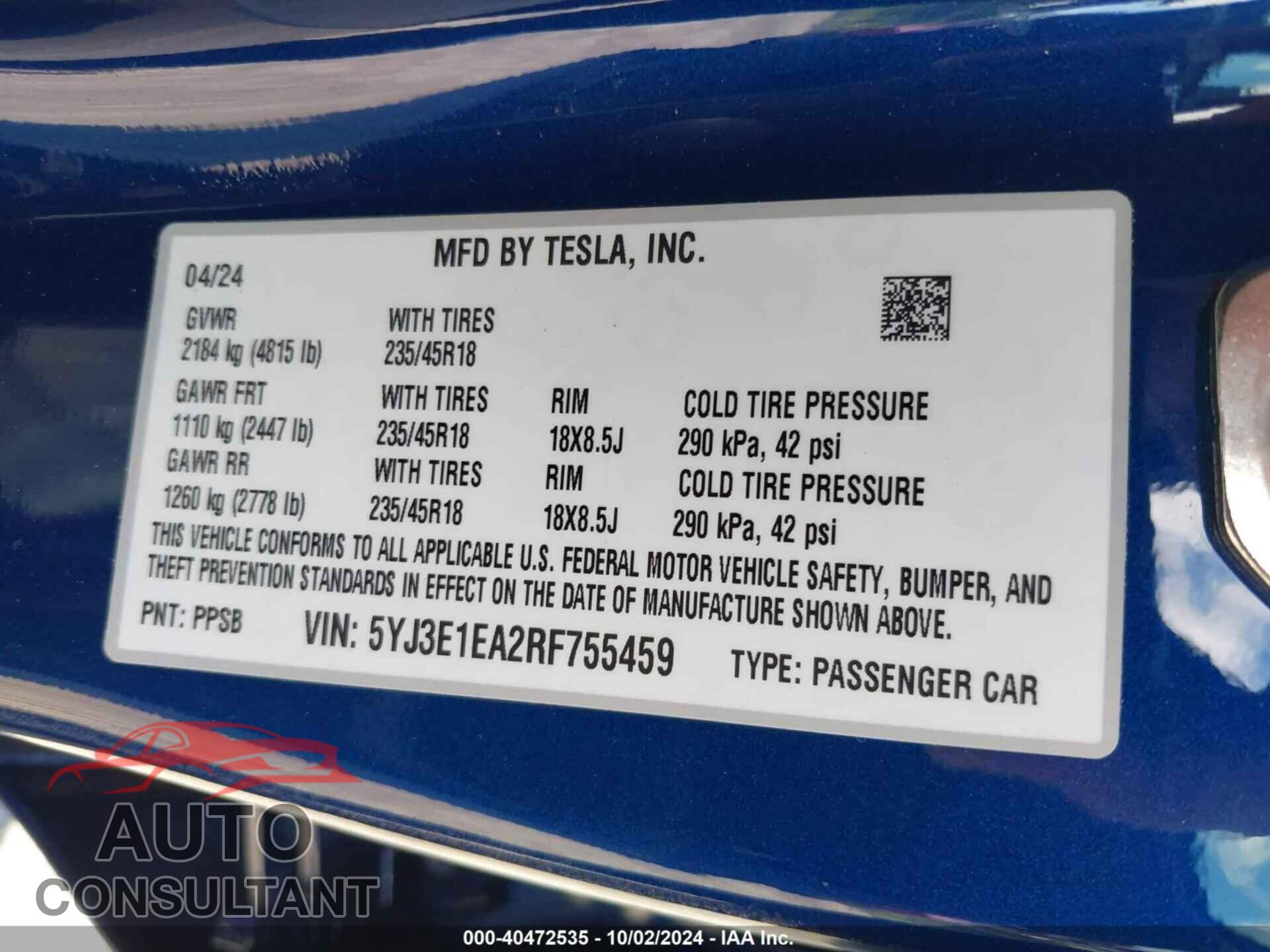 TESLA MODEL 3 2024 - 5YJ3E1EA2RF755459