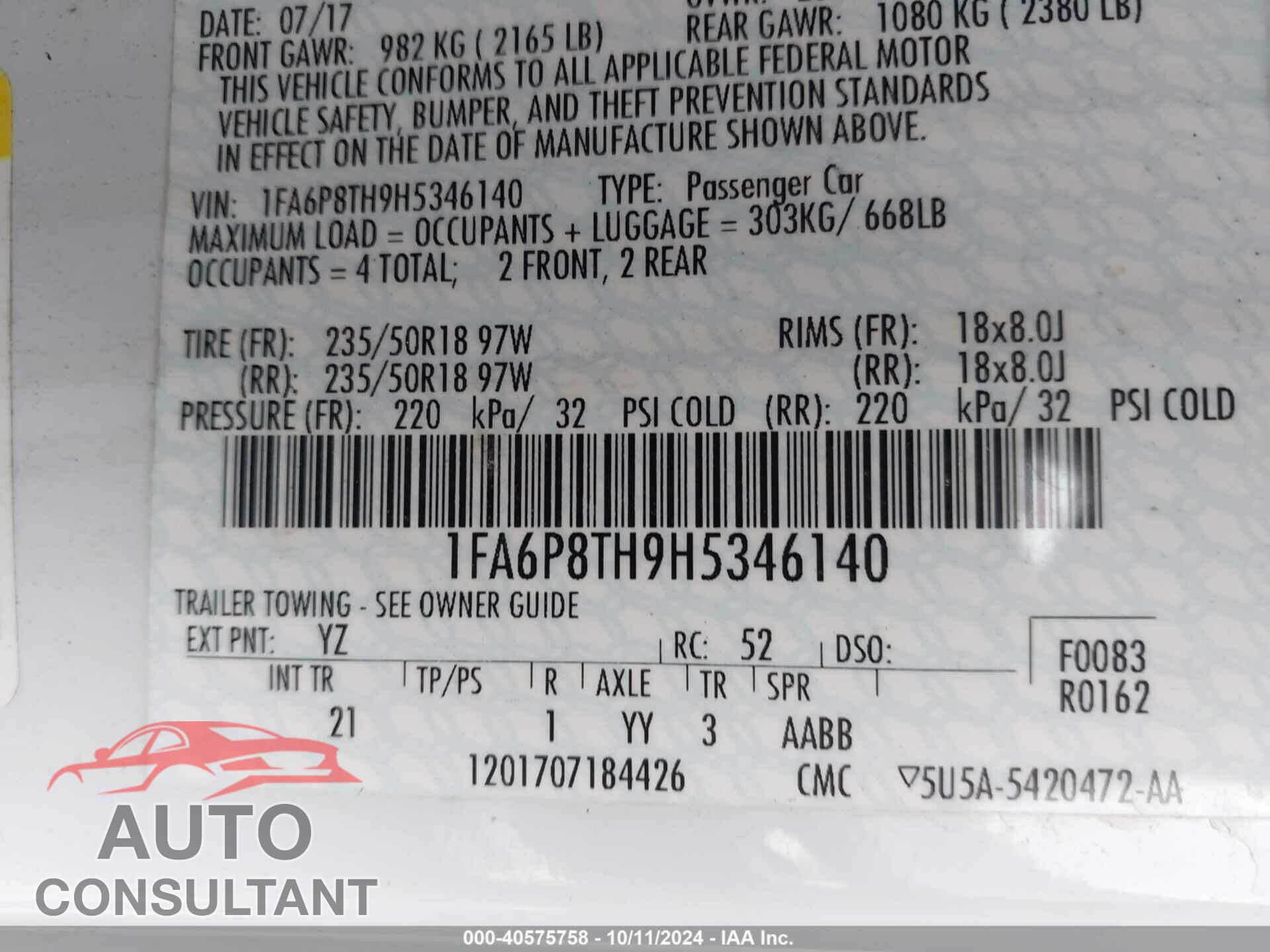 FORD MUSTANG 2017 - 1FA6P8TH9H5346140