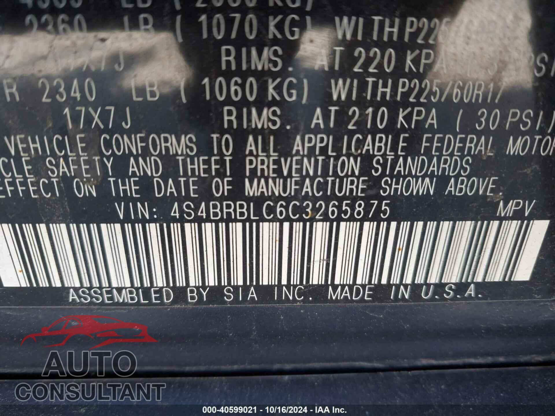 SUBARU OUTBACK 2012 - 4S4BRBLC6C3265875
