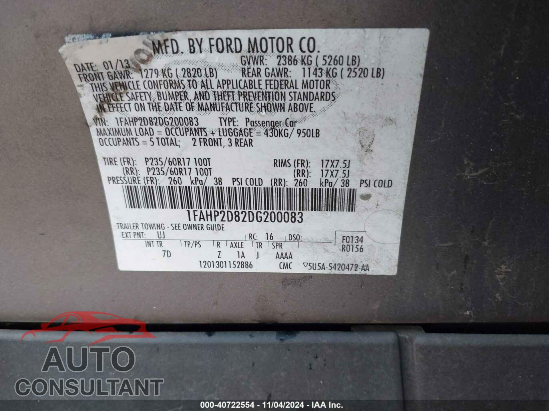 FORD TAURUS 2013 - 1FAHP2D82DG200083