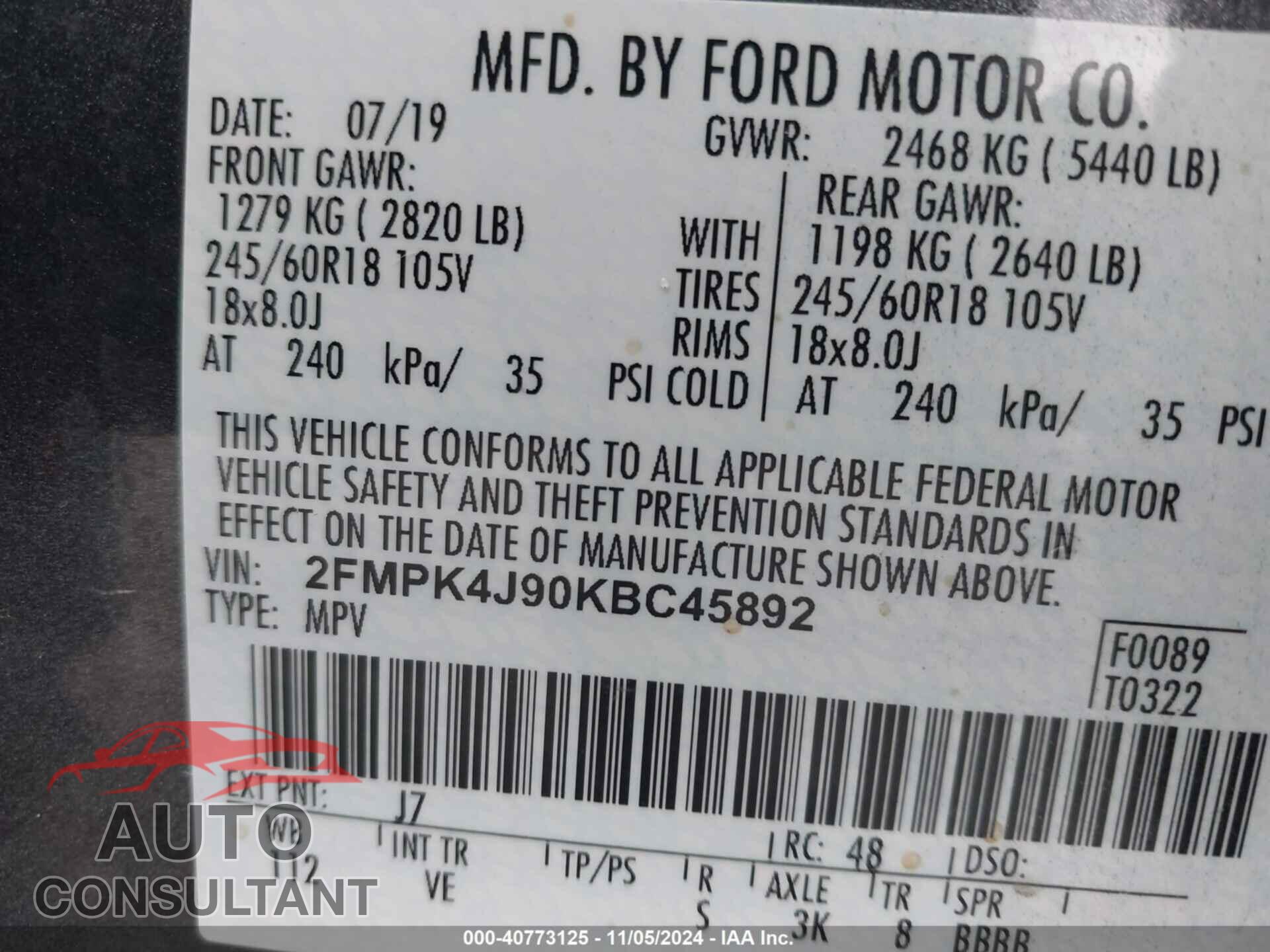 FORD EDGE 2019 - 2FMPK4J90KBC45892