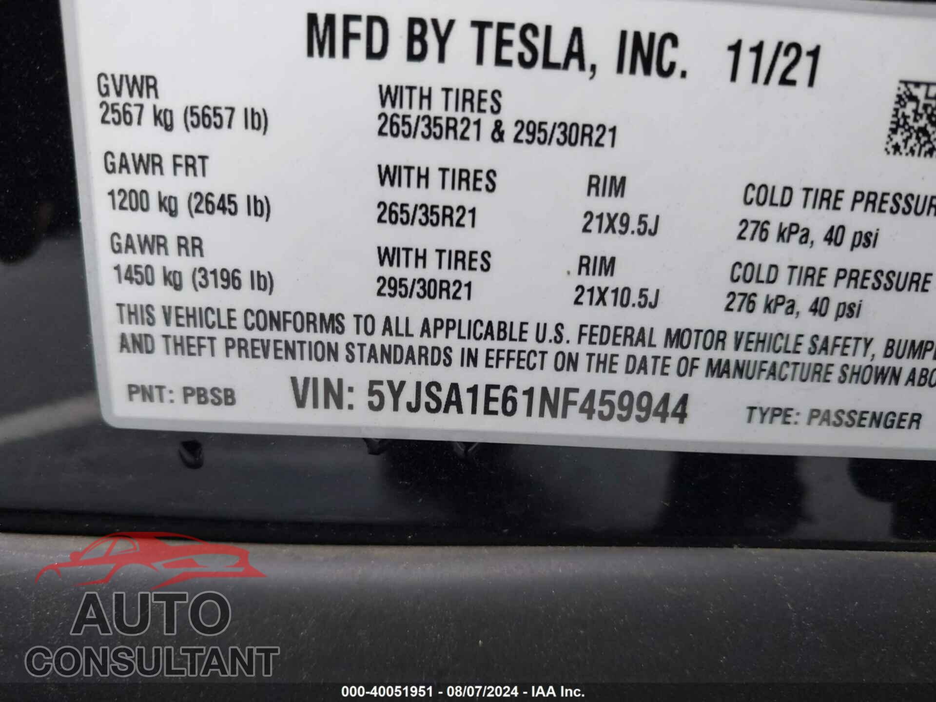 TESLA MODEL S 2022 - 5YJSA1E61NF459944