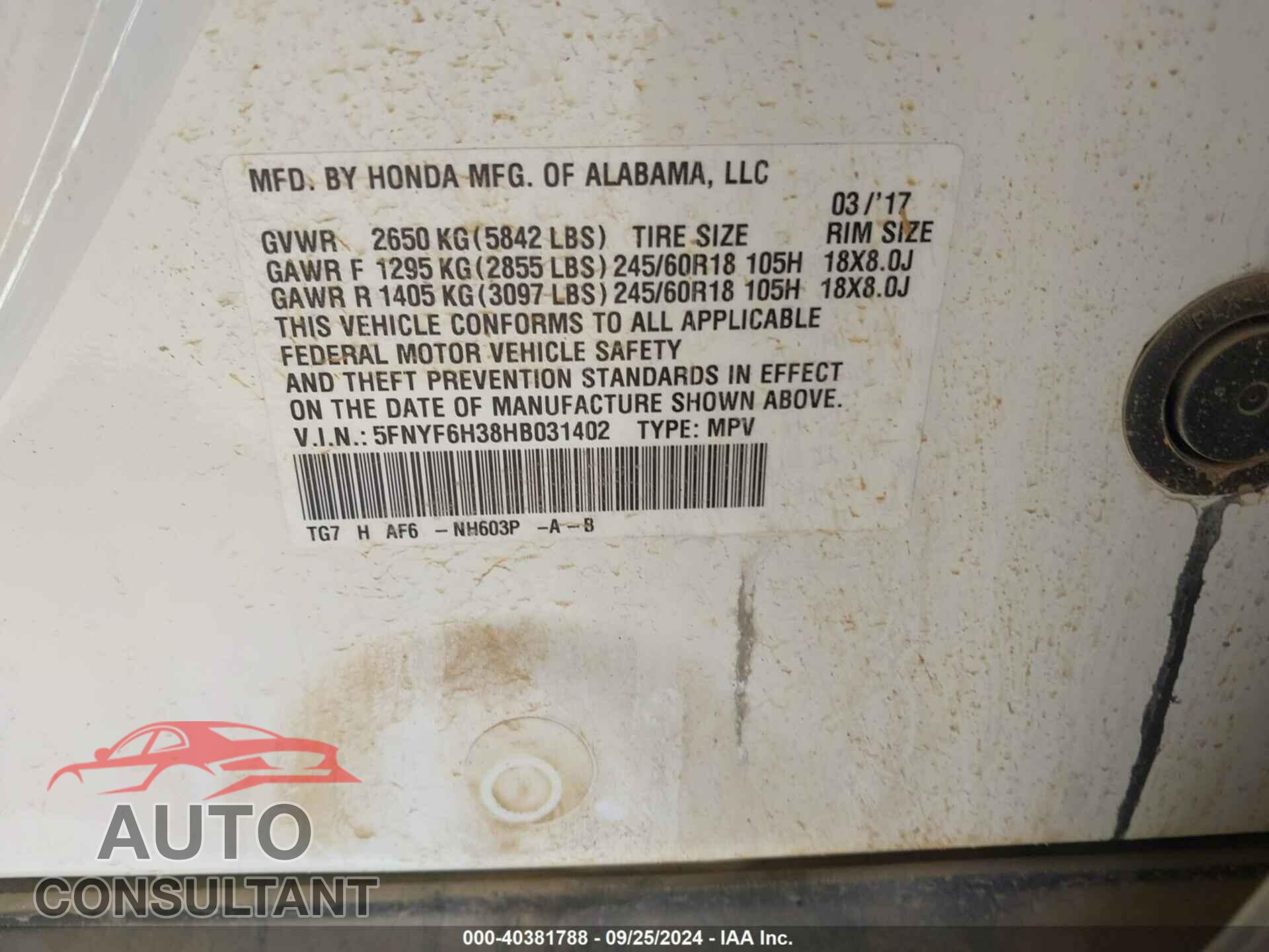 HONDA PILOT 2017 - 5FNYF6H38HB031402