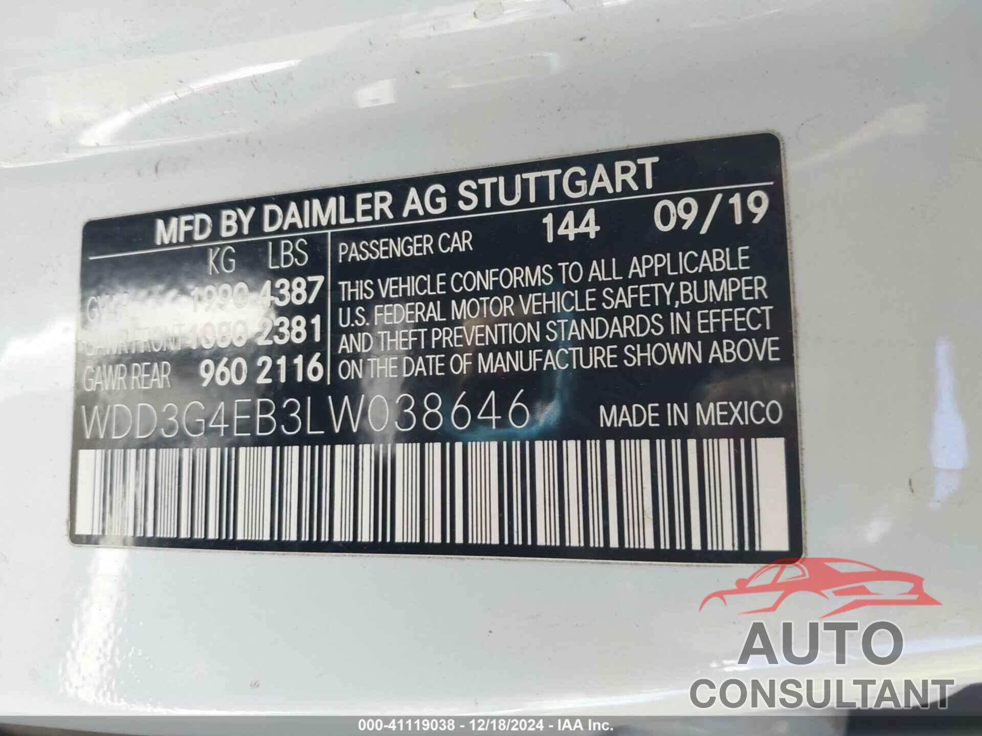 MERCEDES-BENZ A 220 2020 - WDD3G4EB3LW038646