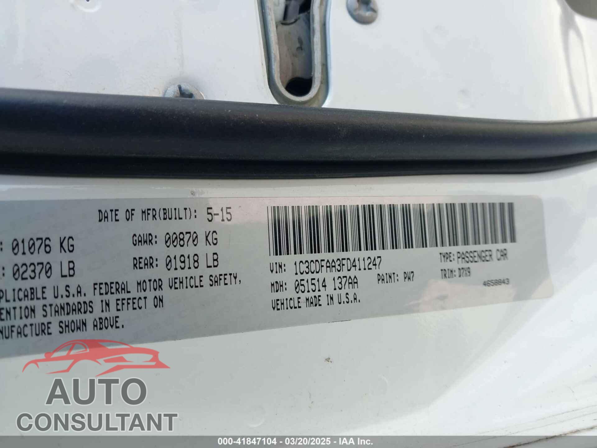 DODGE DART 2015 - 1C3CDFAA3FD411247