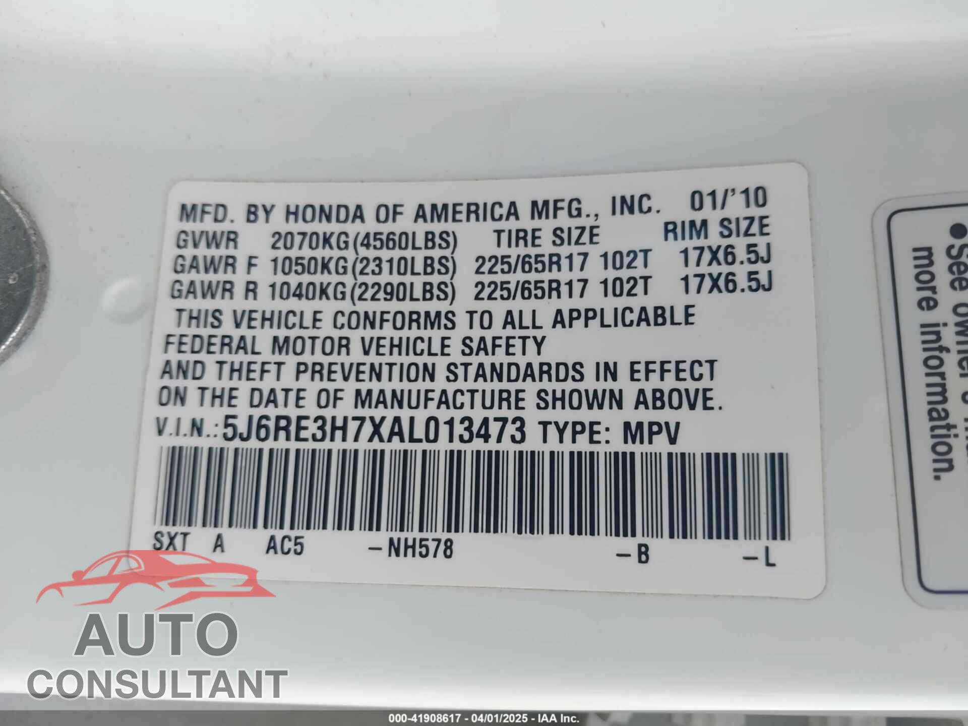 HONDA CR-V 2010 - 5J6RE3H7XAL013473