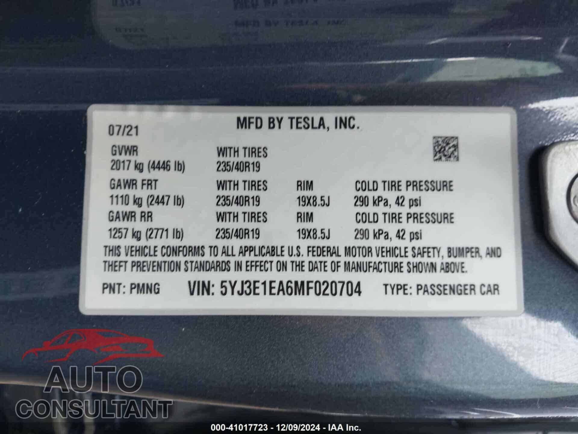 TESLA MODEL 3 2021 - 5YJ3E1EA6MF020704