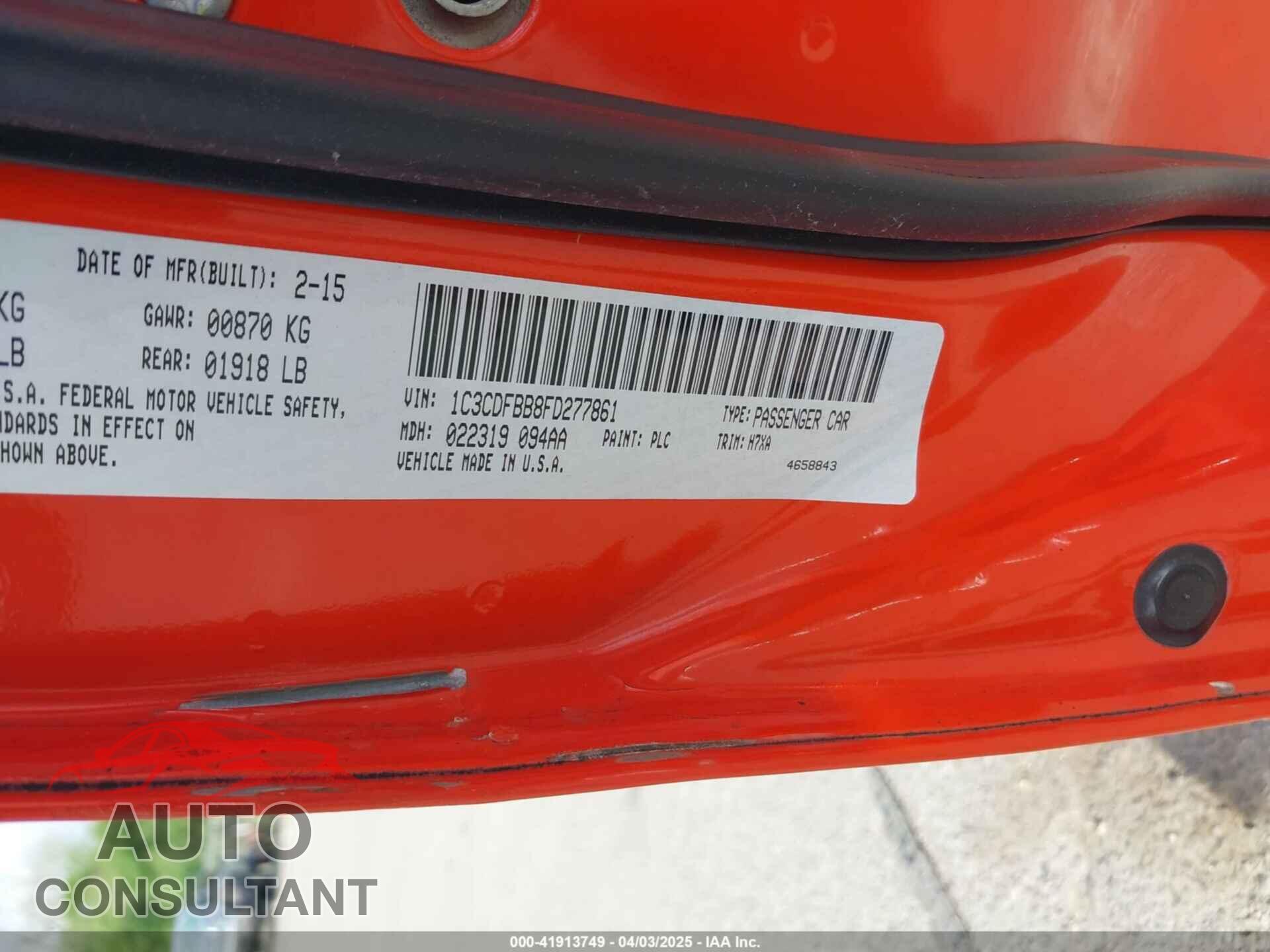 DODGE DART 2015 - 1C3CDFBB8FD277861