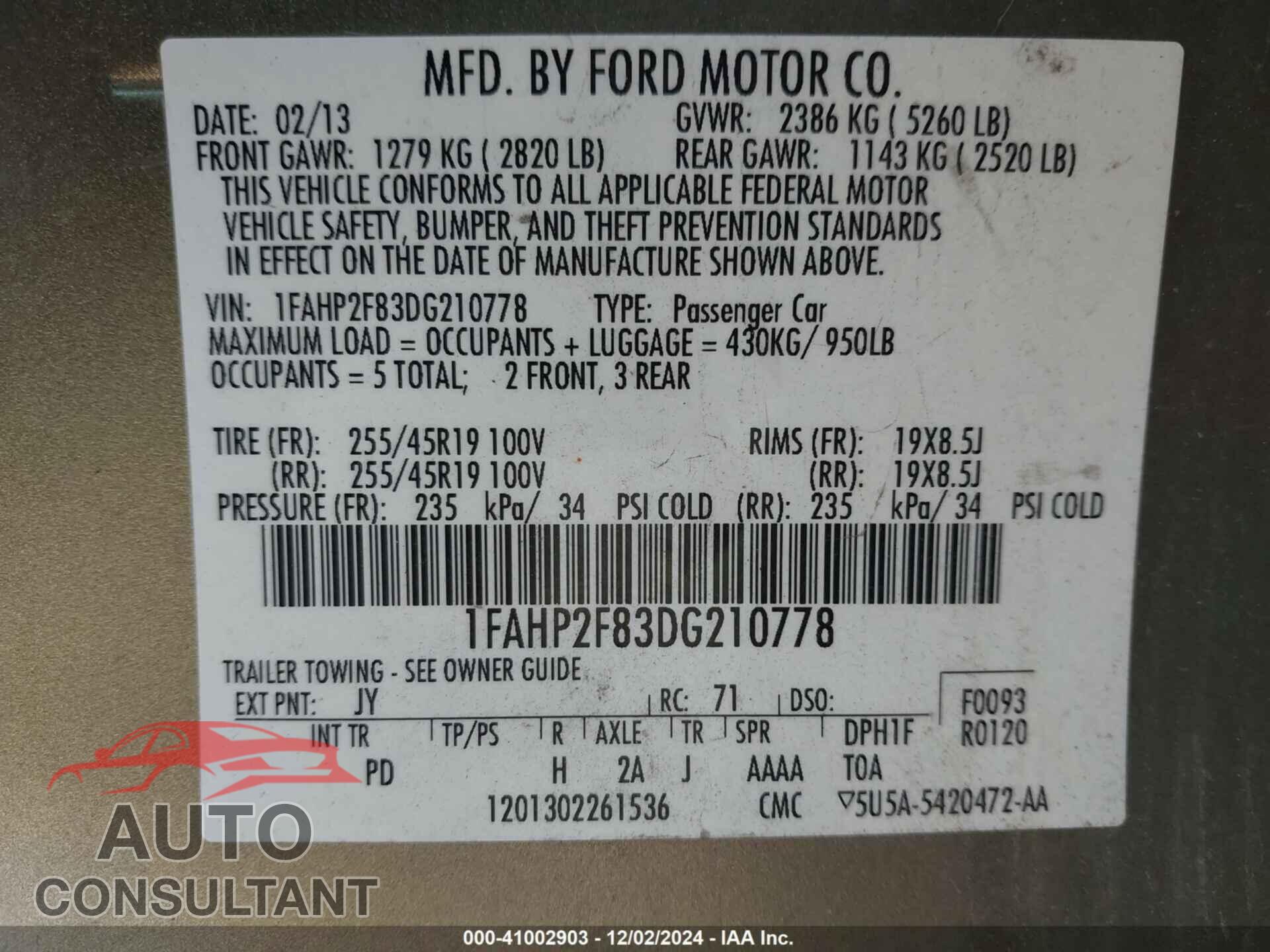 FORD TAURUS 2013 - 1FAHP2F83DG210778