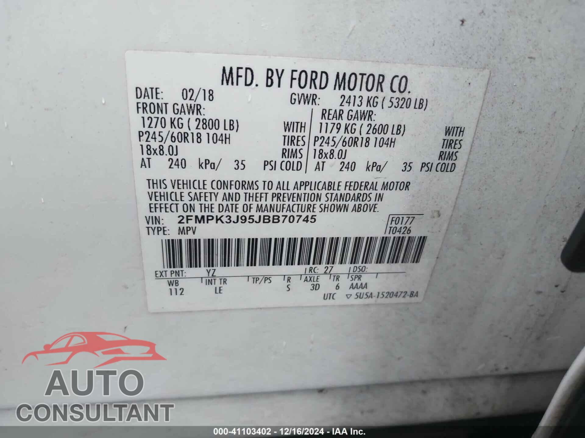 FORD EDGE 2018 - 2FMPK3J95JBB70745