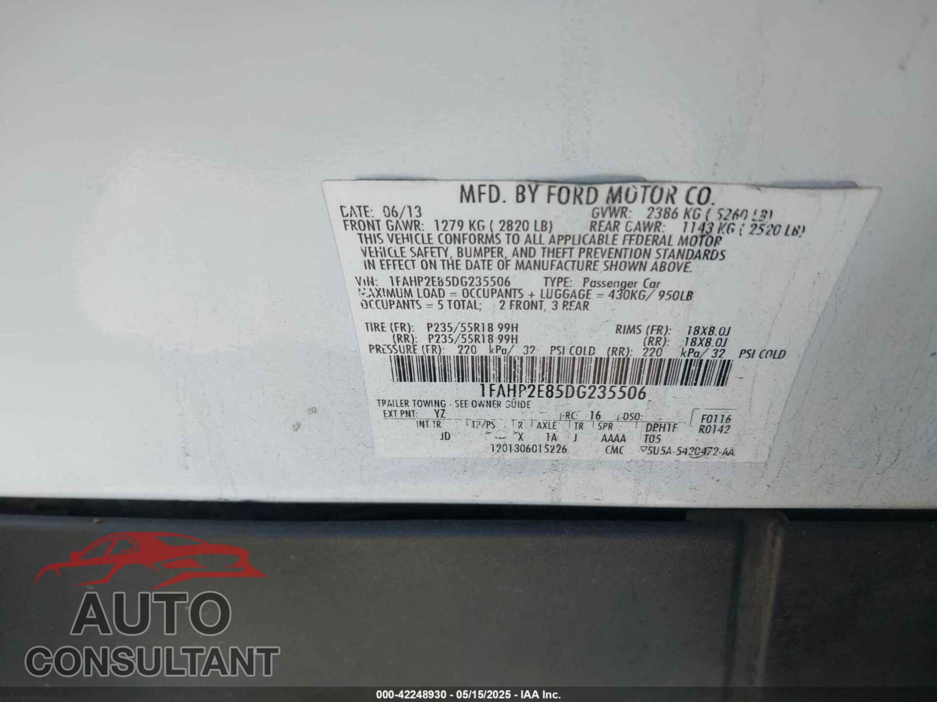 FORD TAURUS 2013 - 1FAHP2E85DG235506