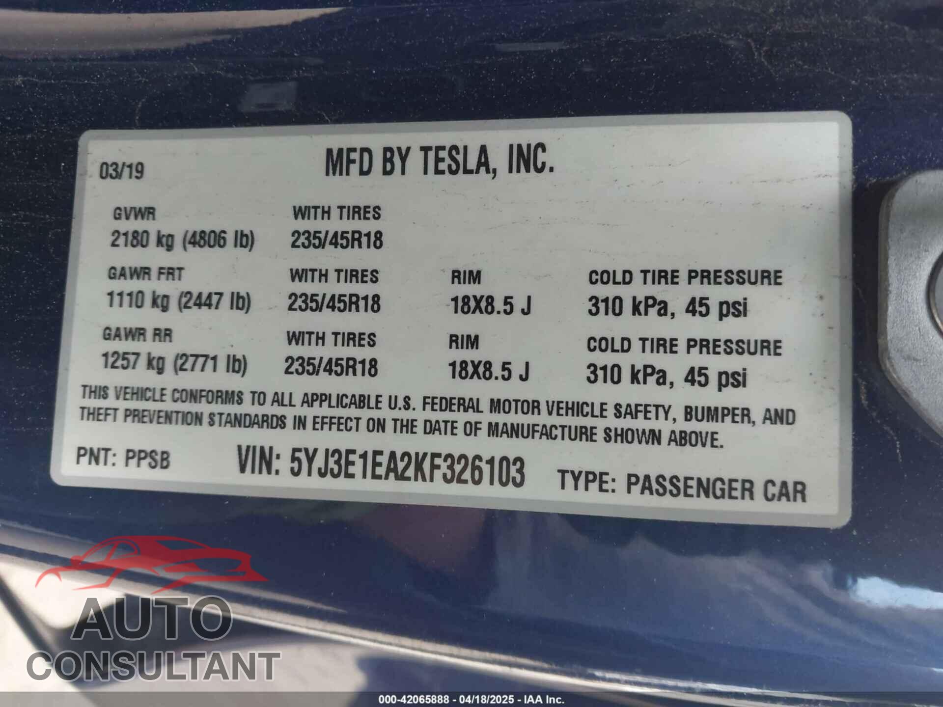 TESLA MODEL 3 2019 - 5YJ3E1EA2KF326103
