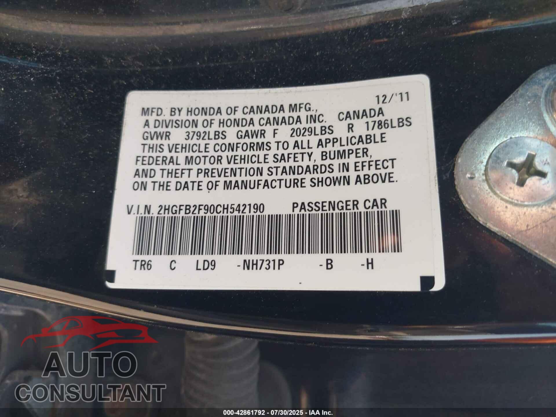 HONDA CIVIC 2012 - 2HGFB2F90CH542190