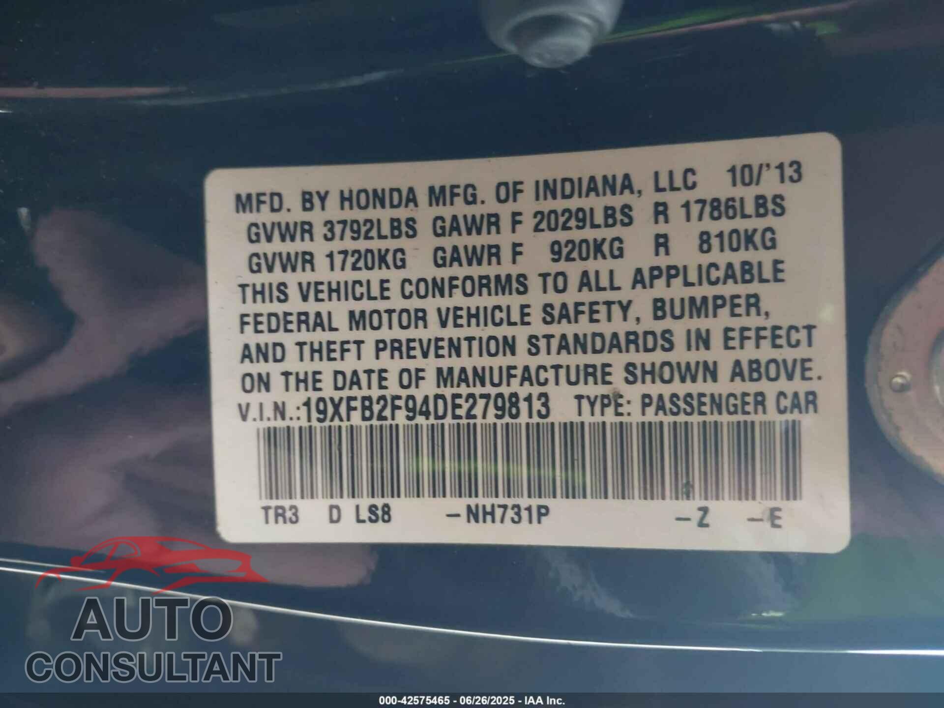 HONDA CIVIC 2013 - 19XFB2F94DE279813
