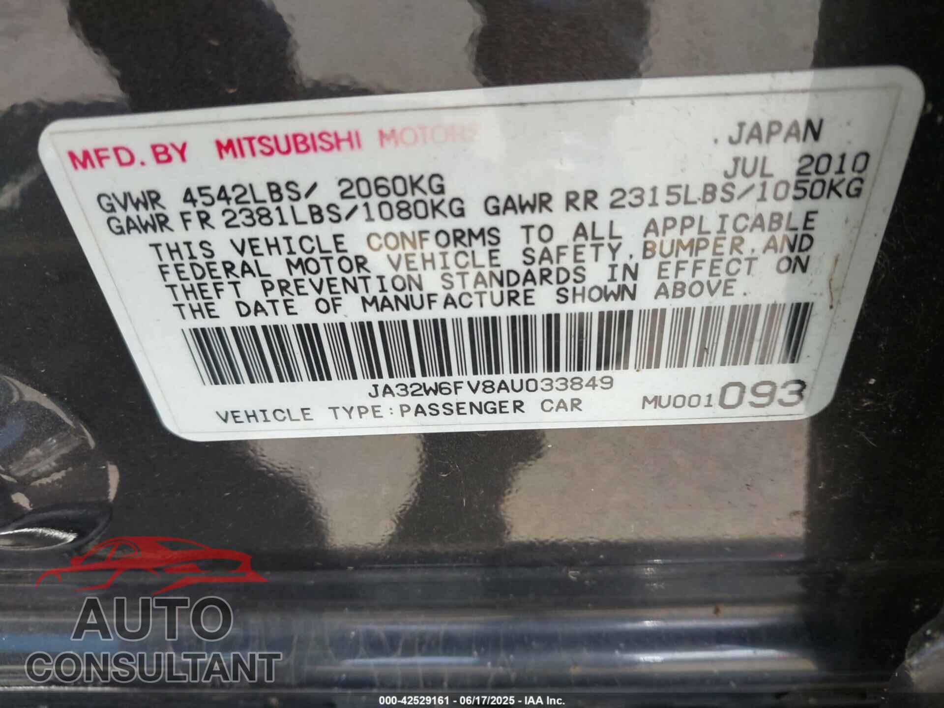 MITSUBISHI LANCER EVOLUTION 2010 - JA32W6FV8AU033849