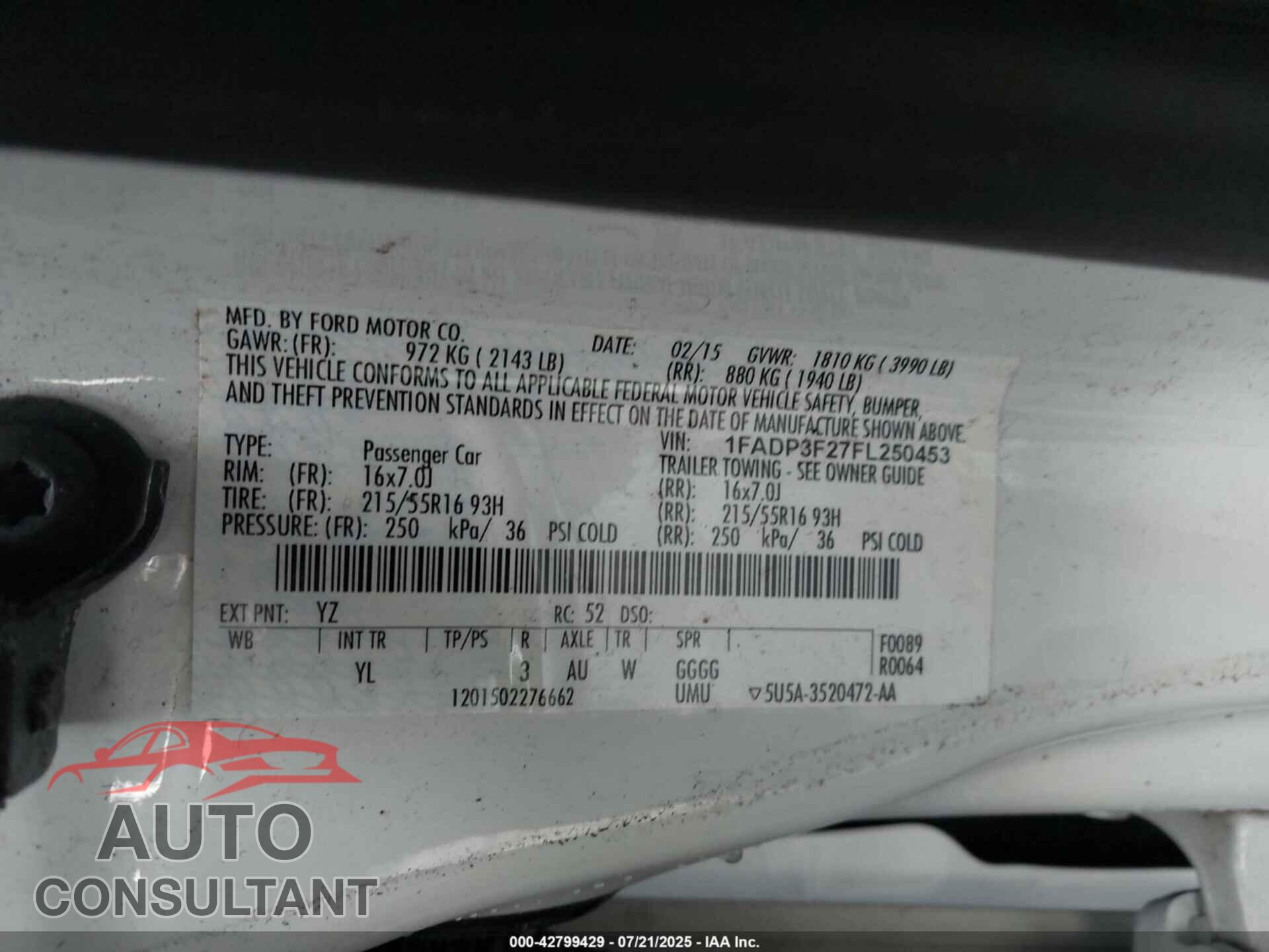 FORD FOCUS 2015 - 1FADP3F27FL250453