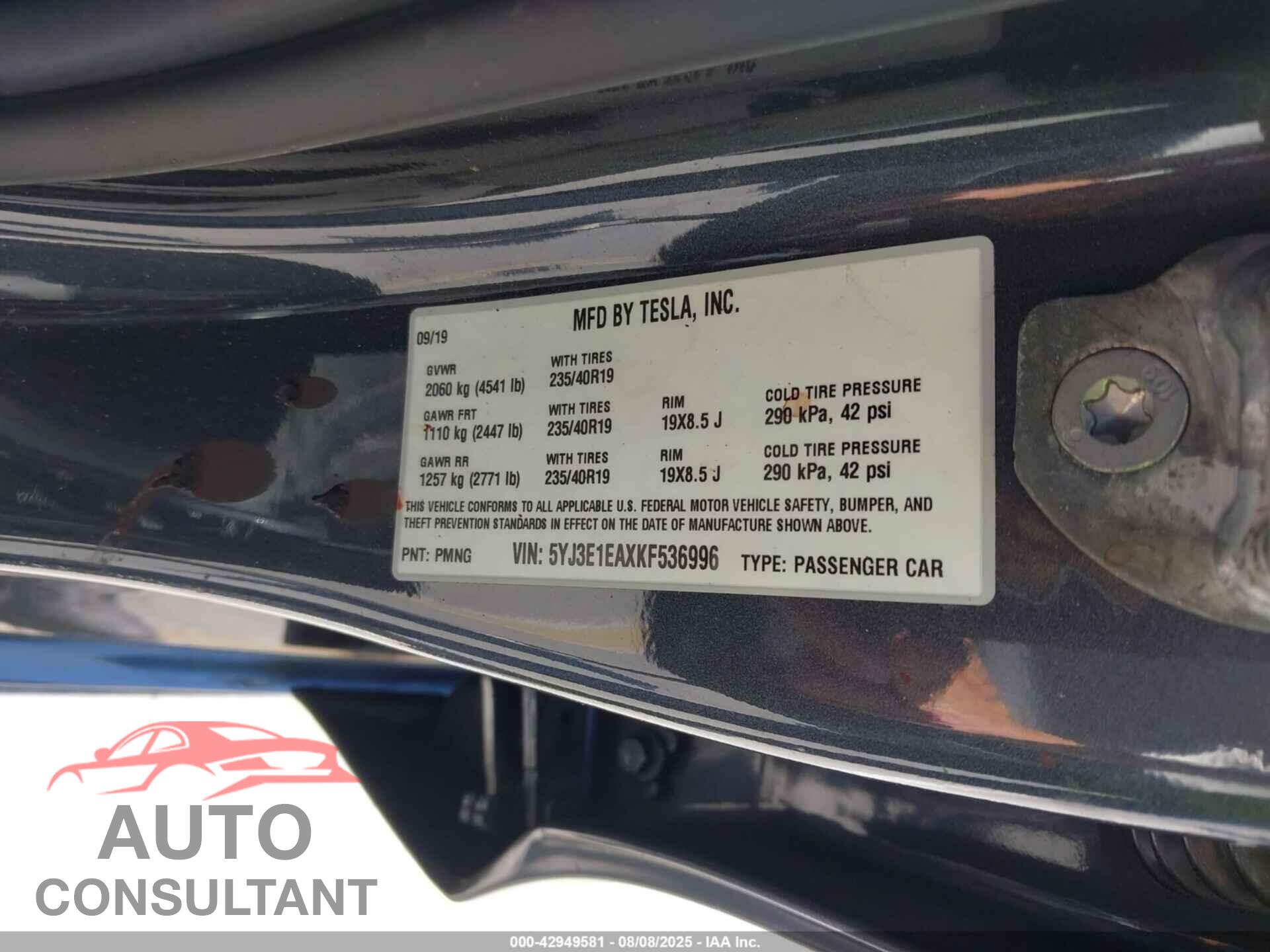 TESLA MODEL 3 2019 - 5YJ3E1EAXKF536996
