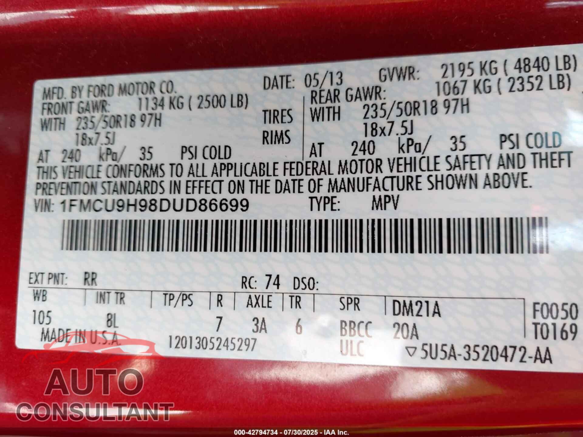 FORD ESCAPE 2013 - 1FMCU9H98DUD86699