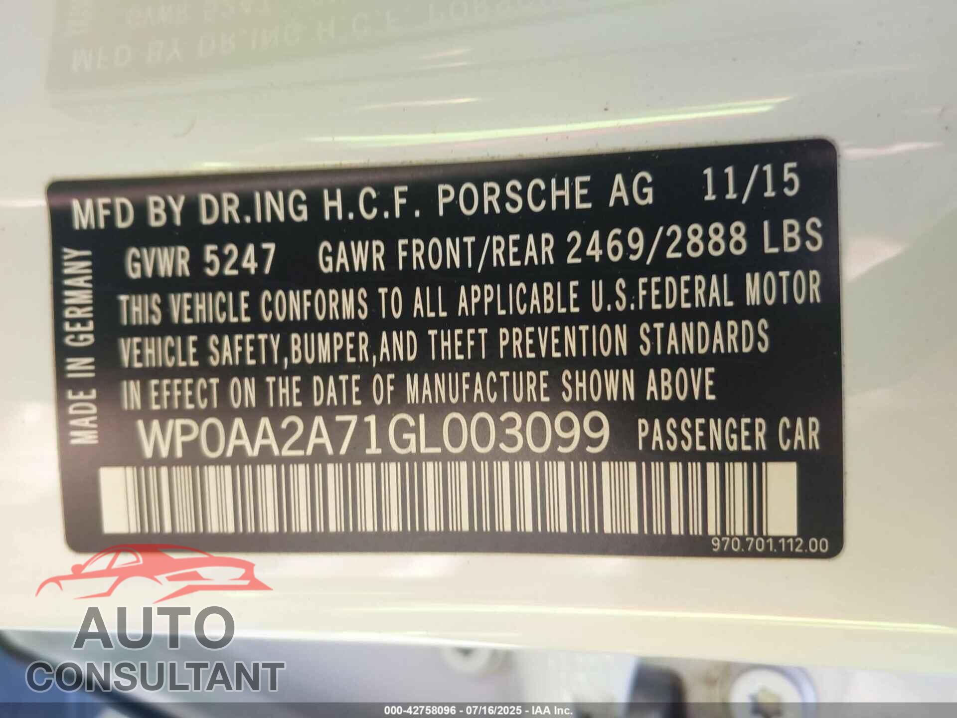 PORSCHE PANAMERA 2016 - WP0AA2A71GL003099