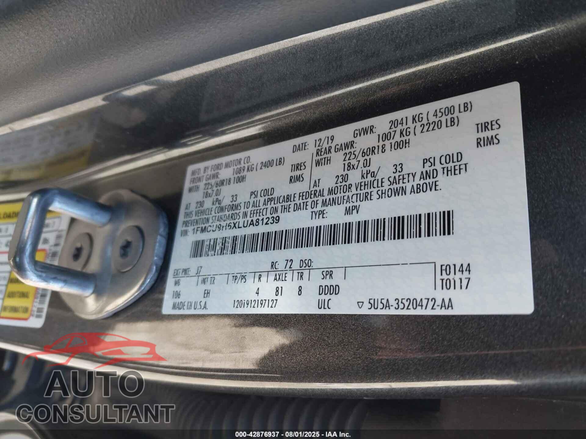 FORD ESCAPE 2020 - 1FMCU9H6XLUA81239