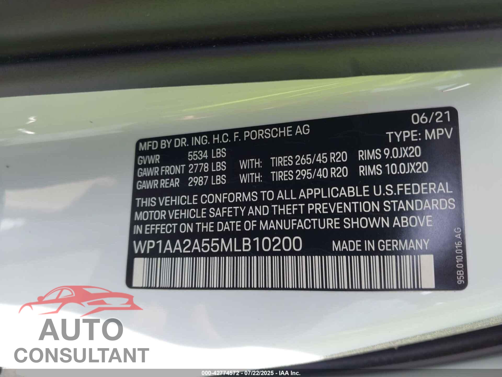 PORSCHE MACAN 2021 - WP1AA2A55MLB10200