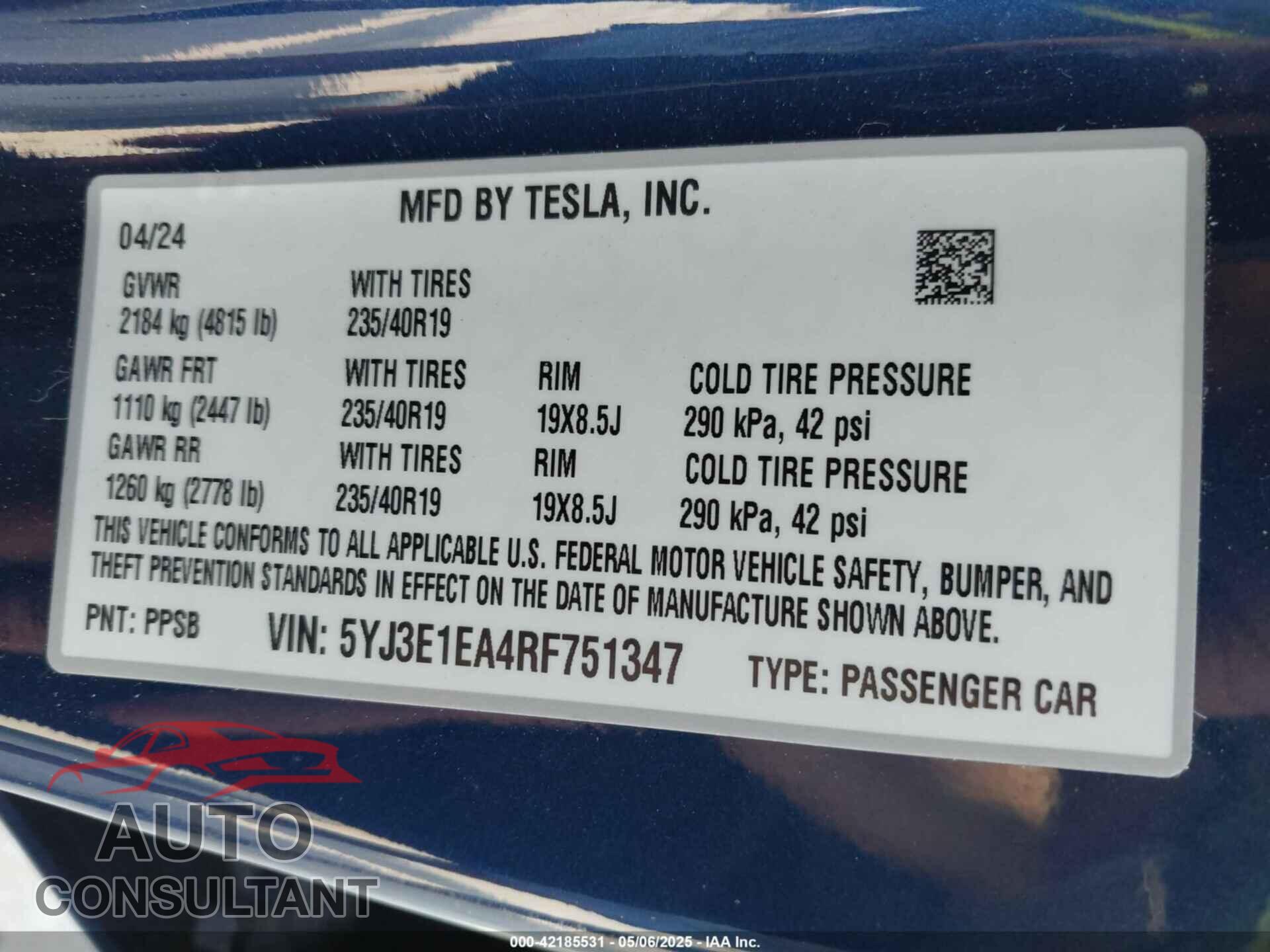 TESLA MODEL 3 2024 - 5YJ3E1EA4RF751347