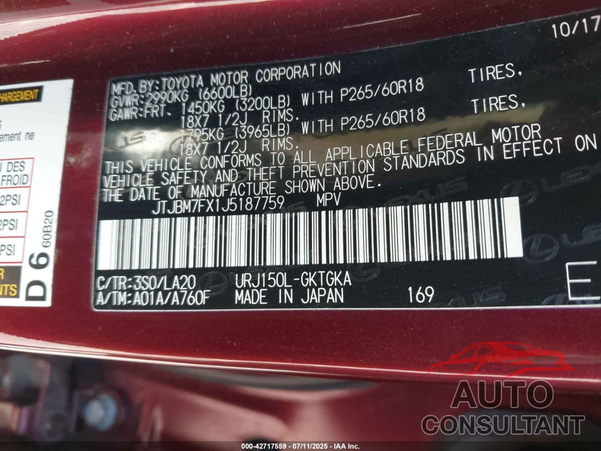 LEXUS GX 460 2018 - JTJBM7FX1J5187759