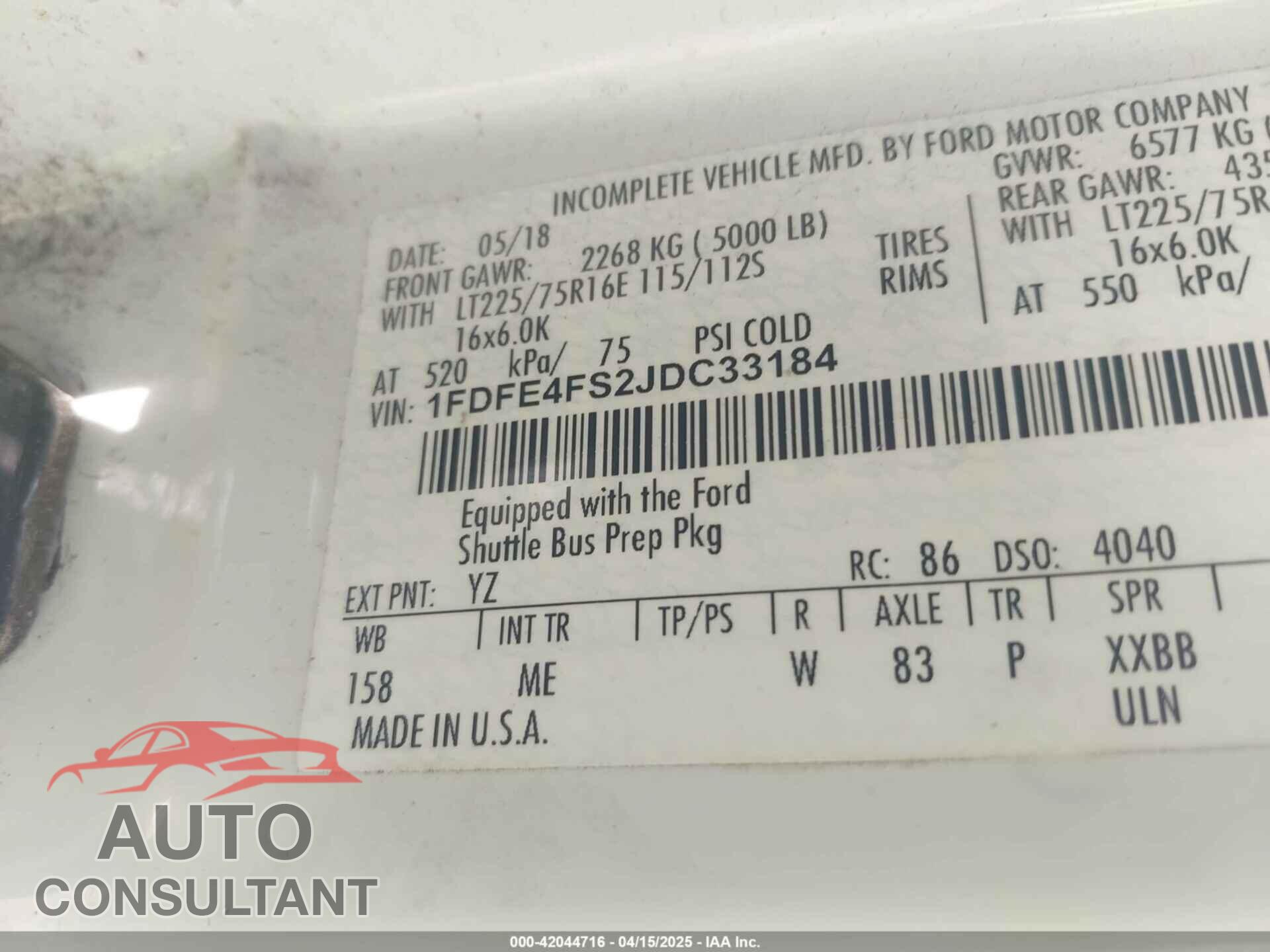 FORD E-450 CUTAWAY 2018 - 1FDFE4FS2JDC33184