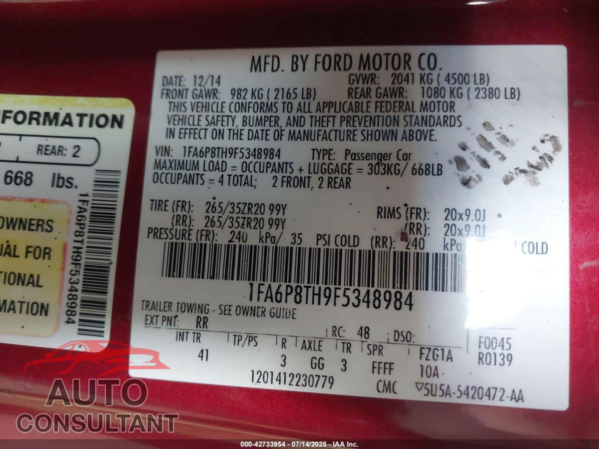 FORD MUSTANG 2015 - 1FA6P8TH9F5348984