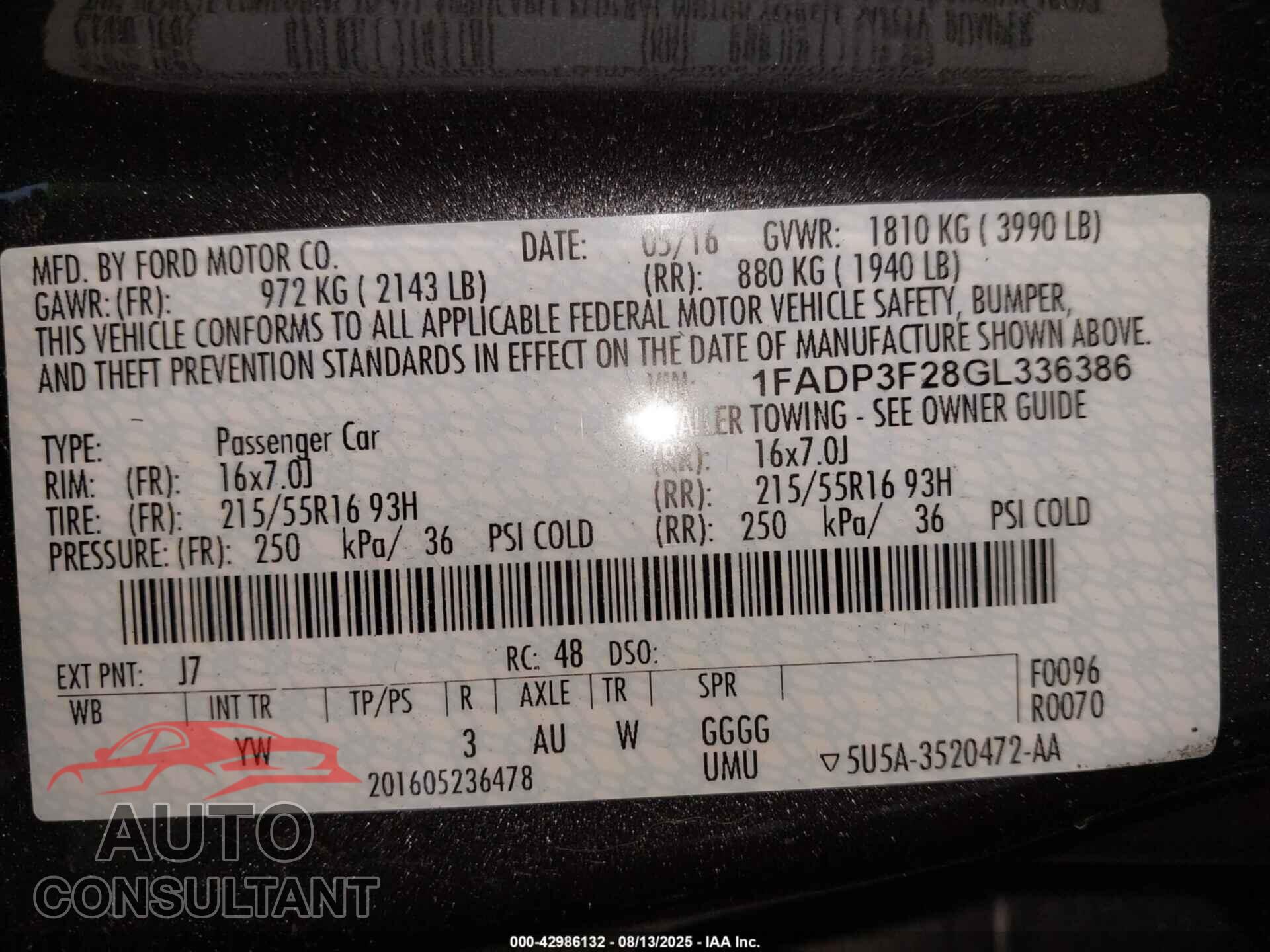 FORD FOCUS 2016 - 1FADP3F28GL336386