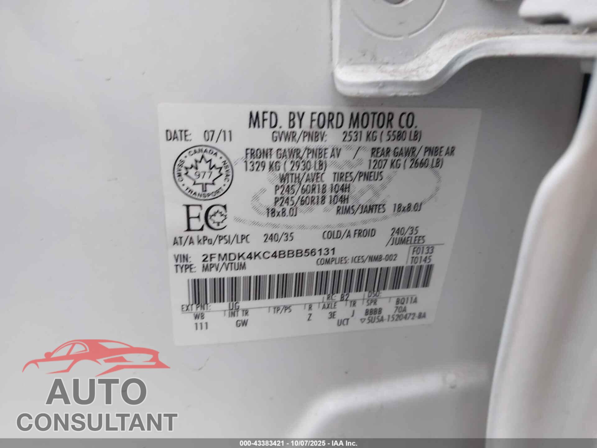 FORD EDGE 2011 - 2FMDK4KC4BBB56131