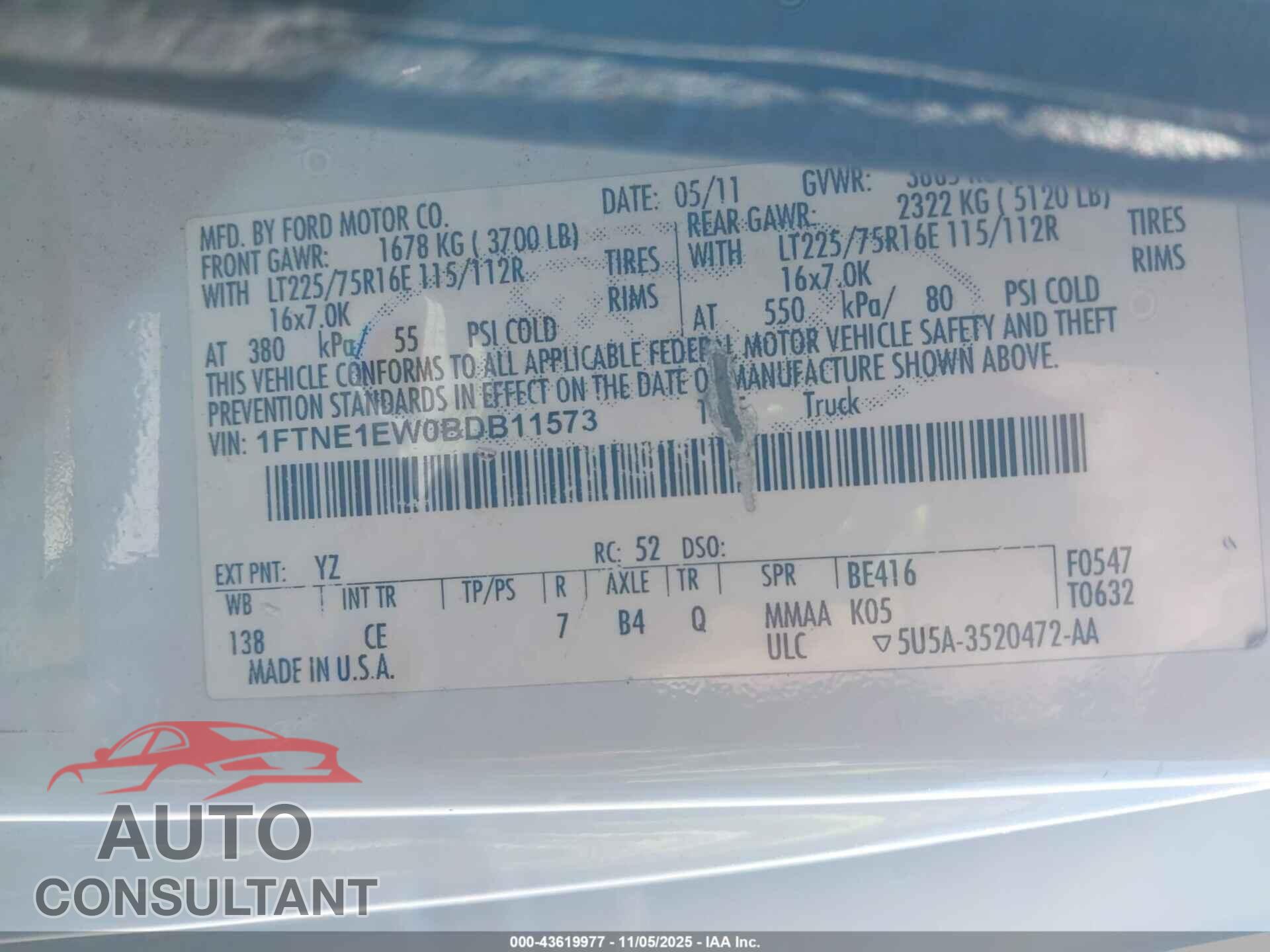 FORD E-150 2011 - 1FTNE1EW0BDB11573