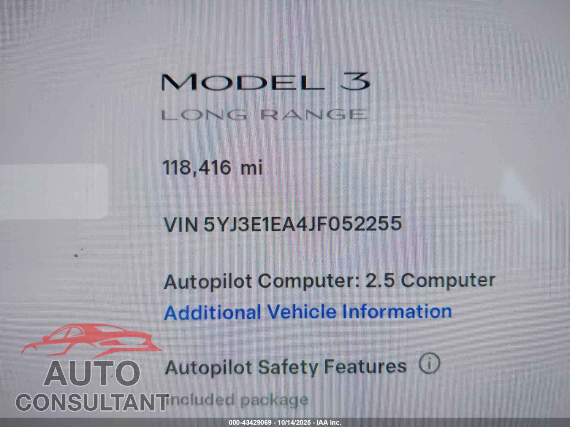 TESLA MODEL 3 2018 - 5YJ3E1EA4JF052255