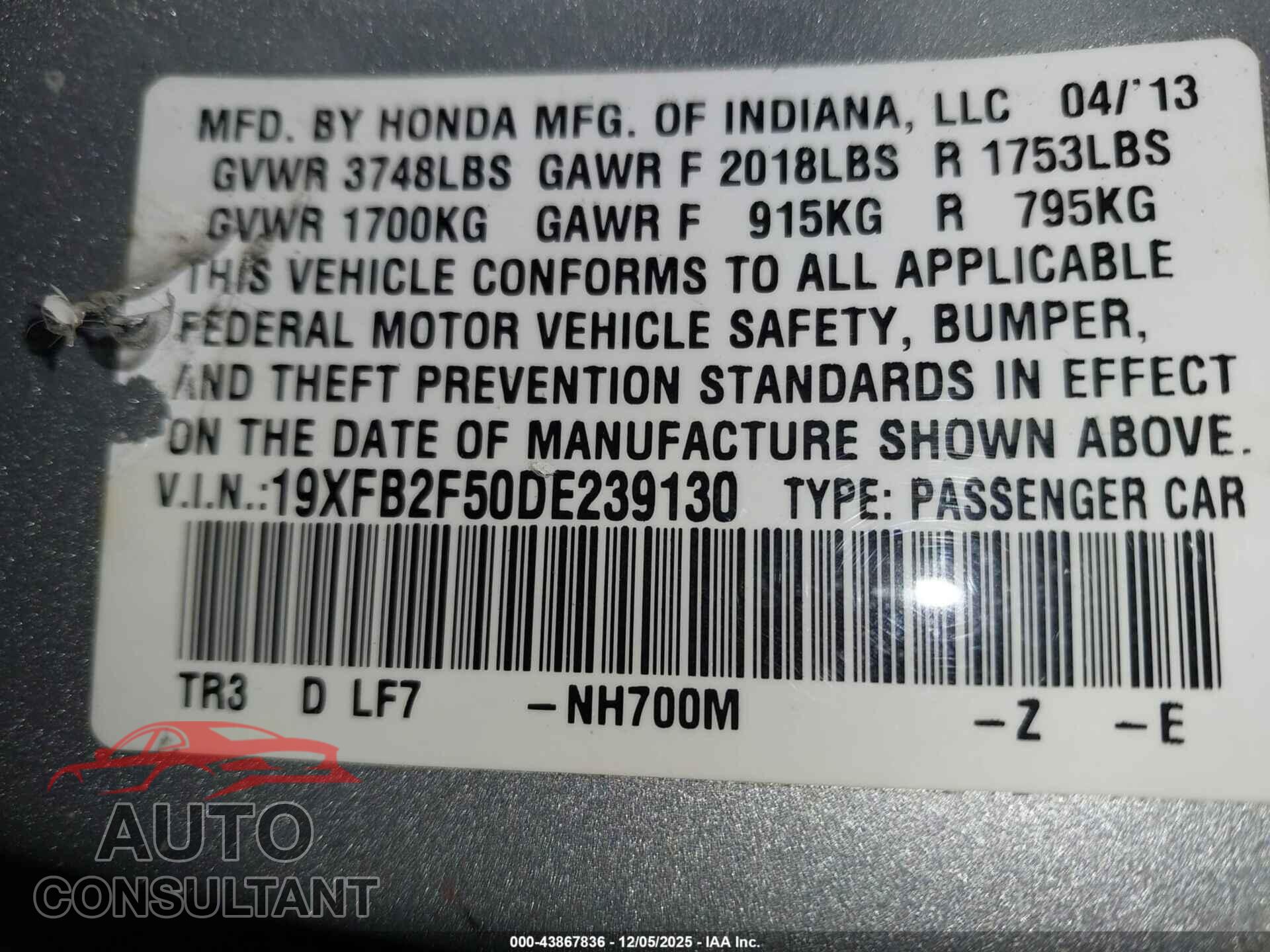 HONDA CIVIC 2013 - 19XFB2F50DE239130