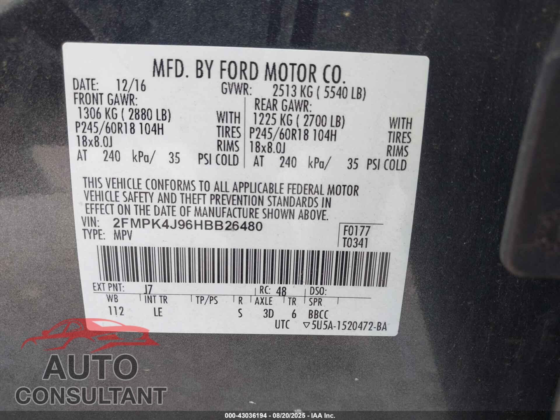 FORD EDGE 2017 - 2FMPK4J96HBB26480