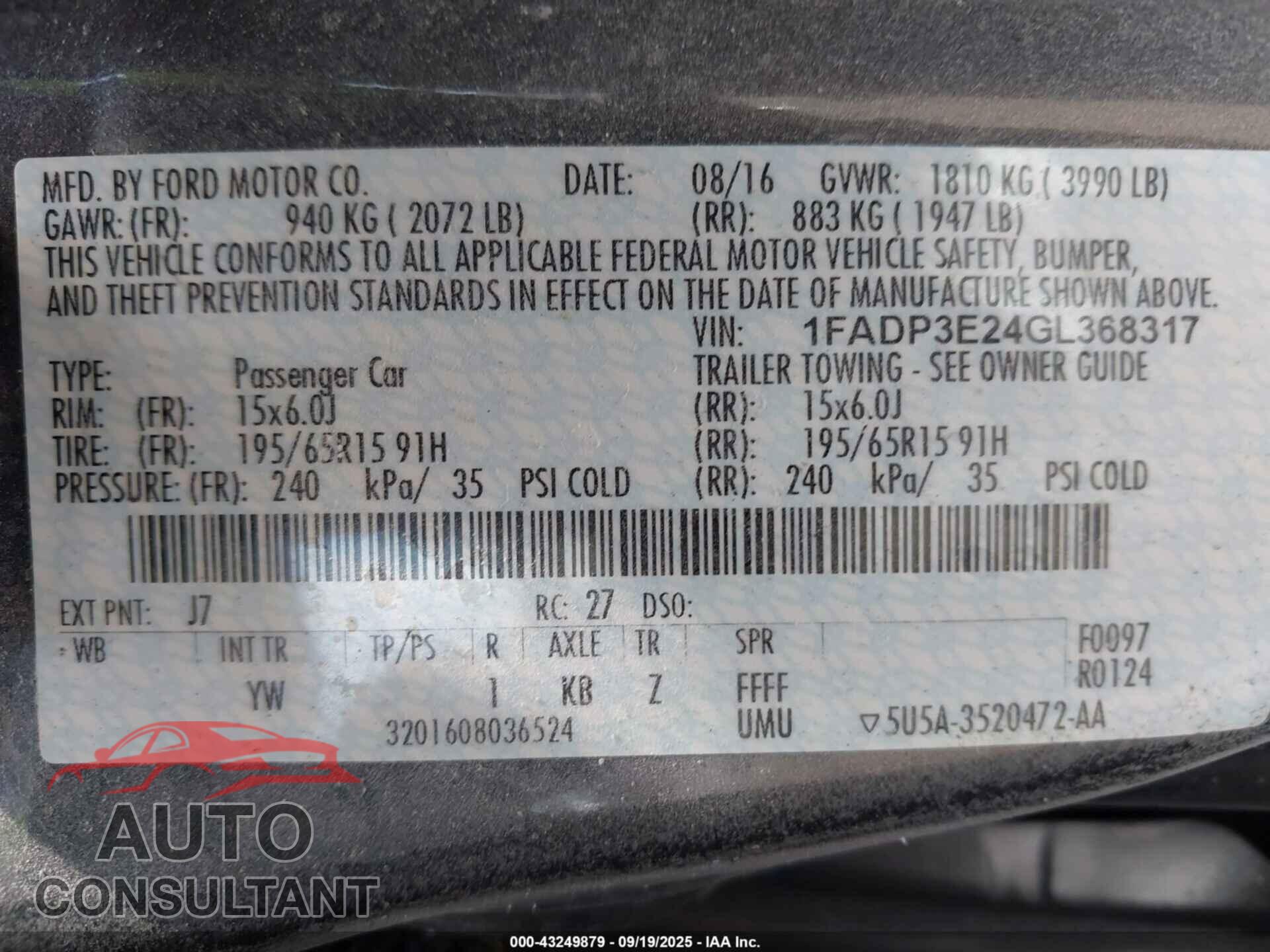 FORD FOCUS 2016 - 1FADP3E24GL368317