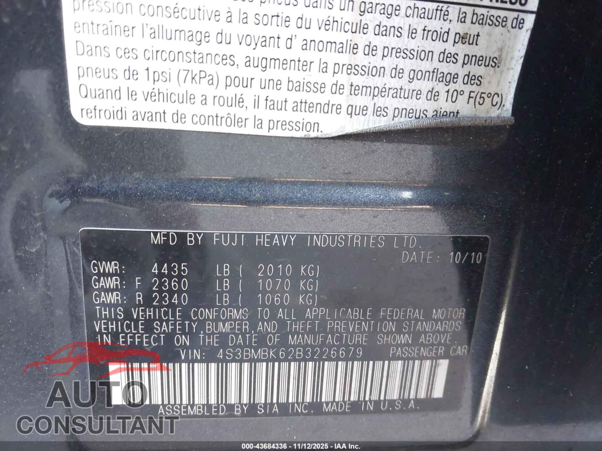 SUBARU LEGACY 2011 - 4S3BMBK62B3226679