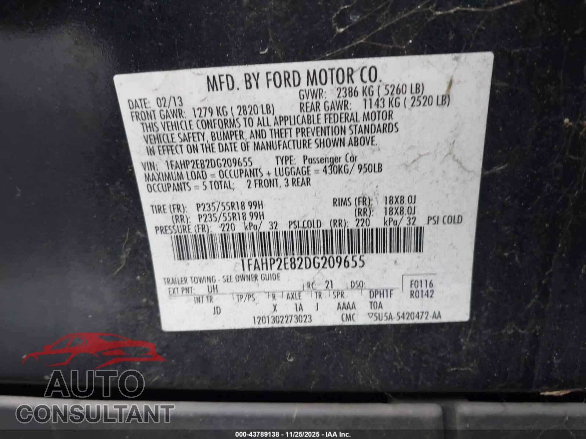 FORD TAURUS 2013 - 1FAHP2E82DG209655