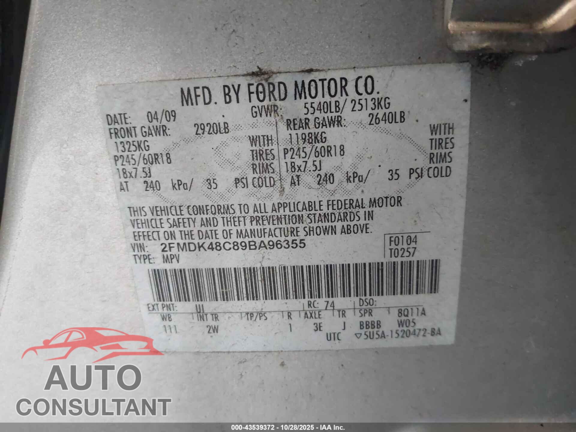 FORD EDGE 2009 - 2FMDK48C89BA96355