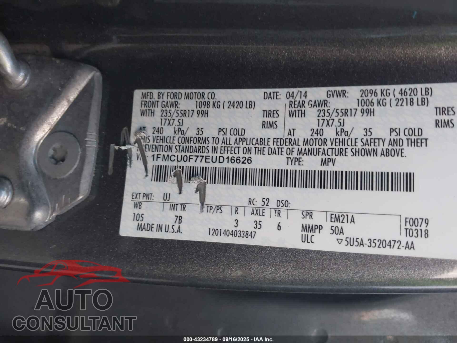 FORD ESCAPE 2014 - 1FMCU0F77EUD16626