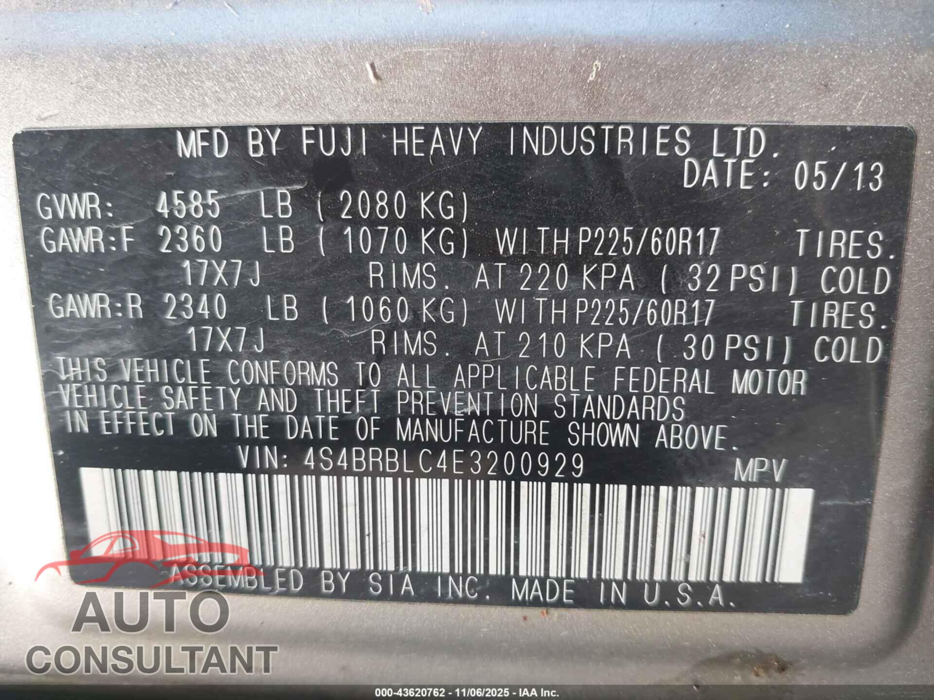SUBARU OUTBACK 2014 - 4S4BRBLC4E3200929