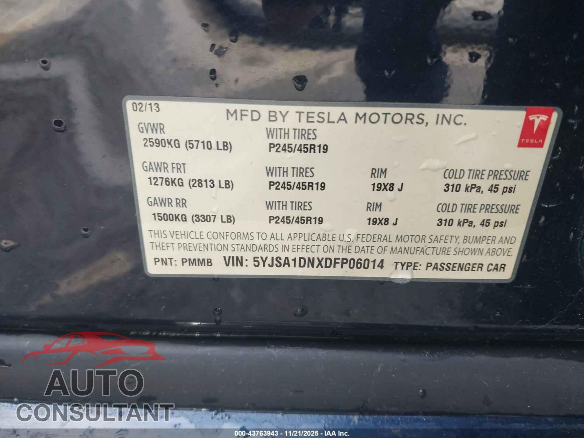 TESLA MODEL S 2013 - 5YJSA1DNXDFP06014