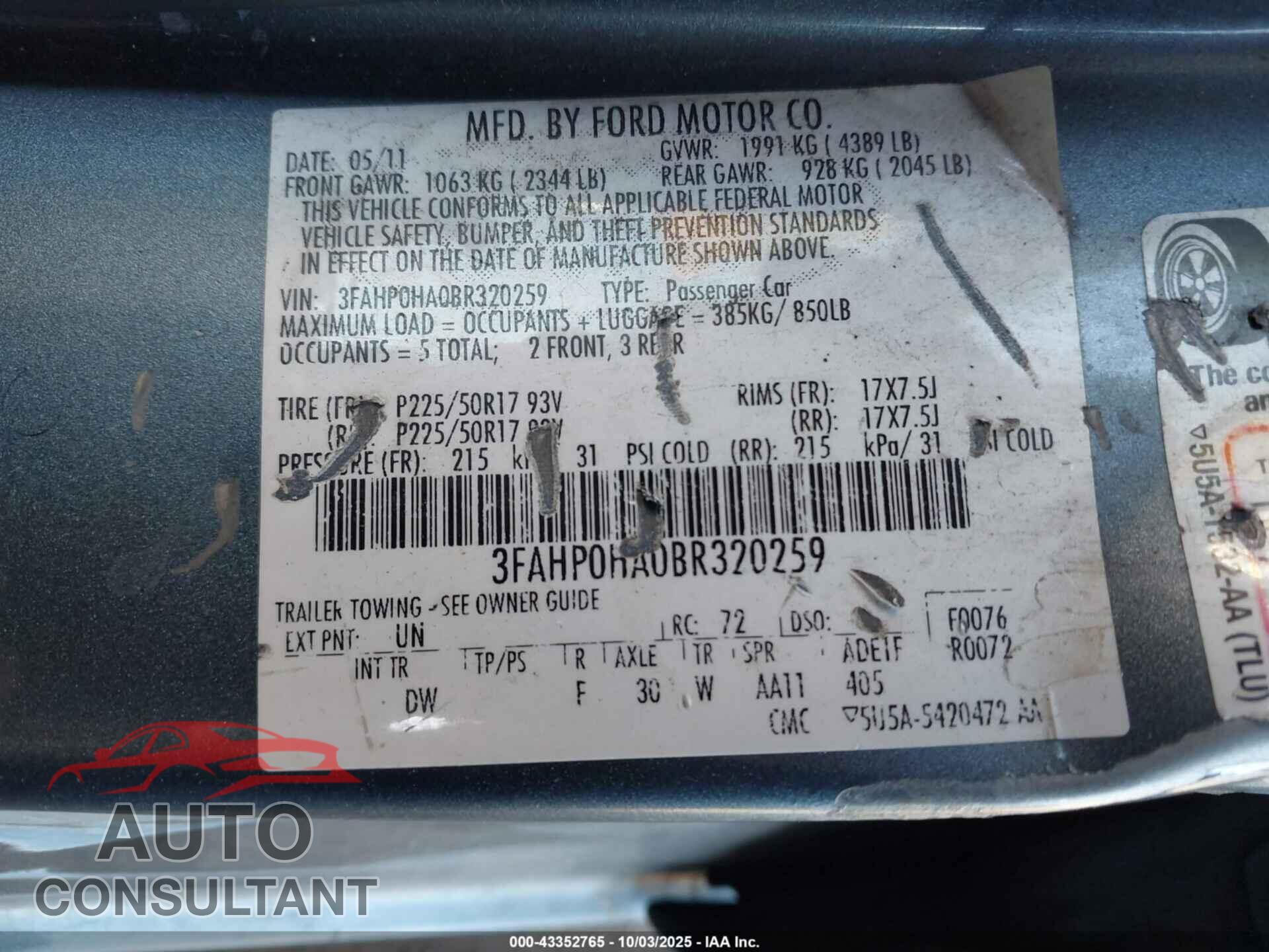 FORD FUSION 2011 - 3FAHP0HA0BR320259