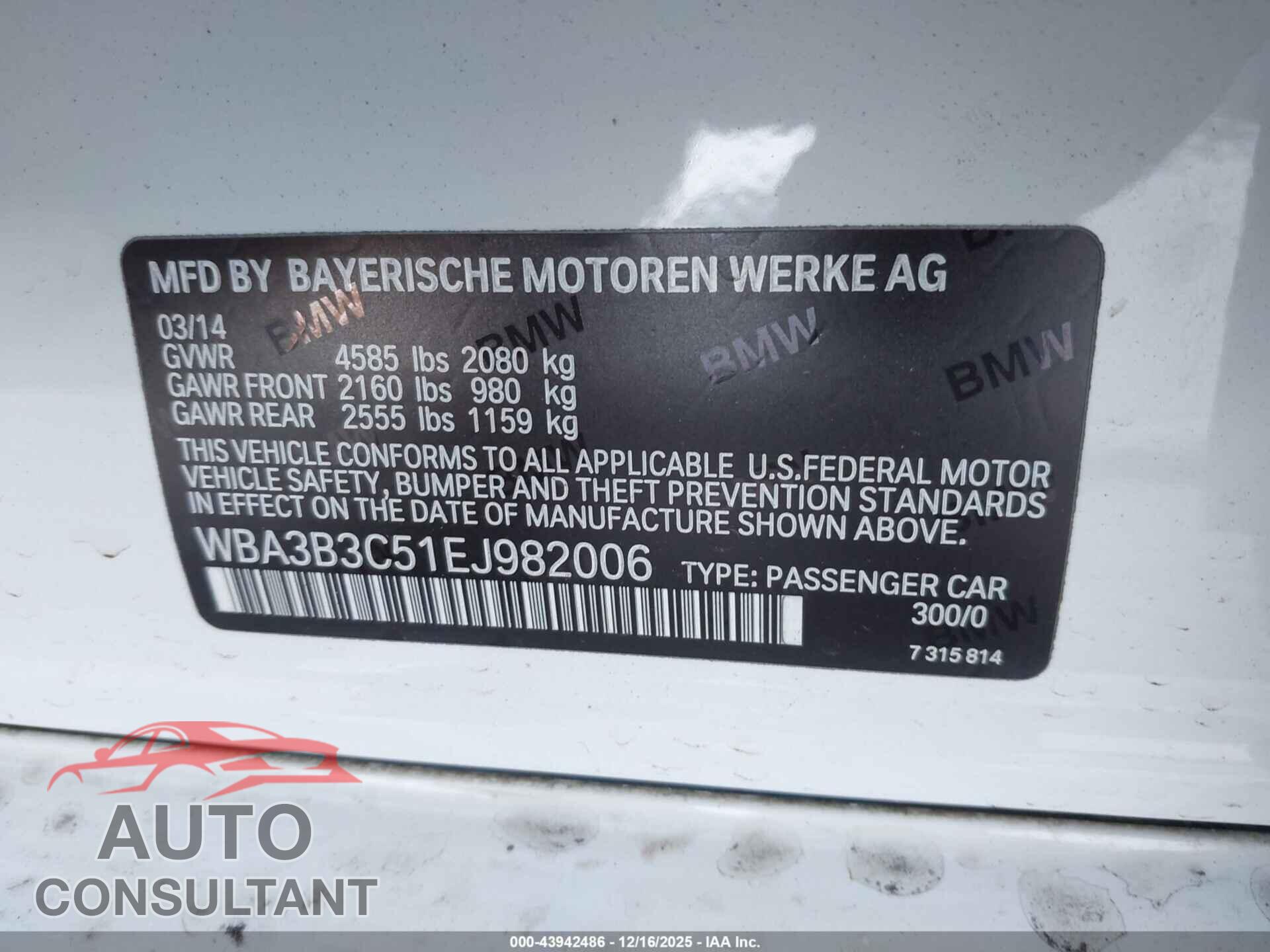 BMW 328I 2014 - WBA3B3C51EJ982006