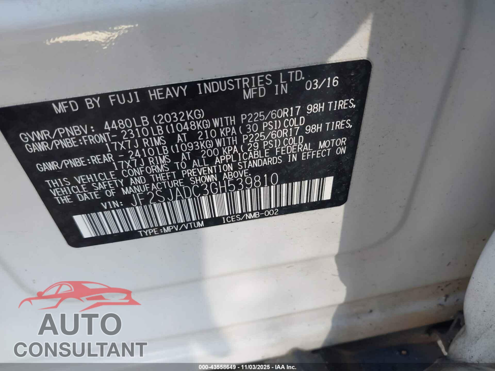SUBARU FORESTER 2016 - JF2SJADC3GH539810